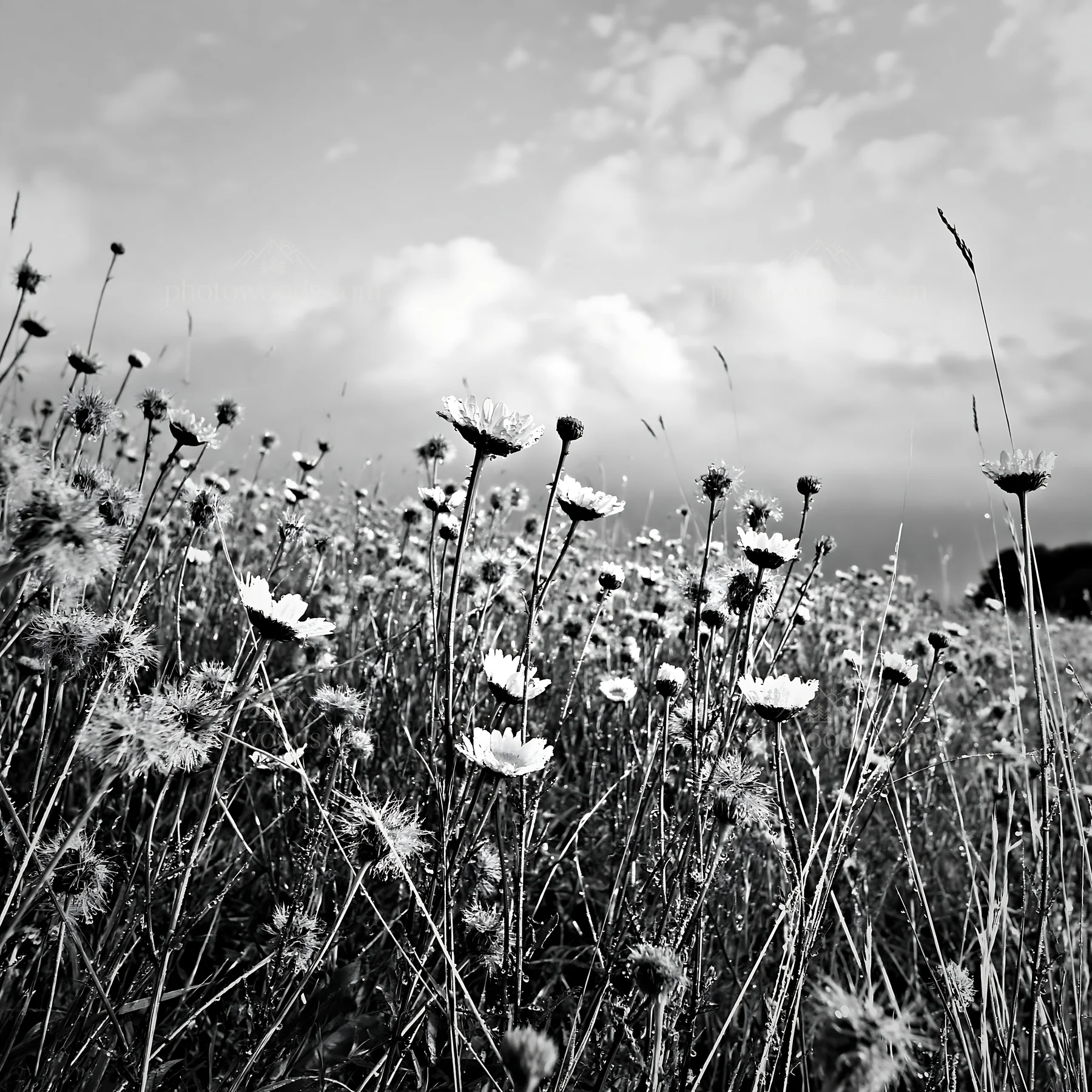 Seedhead meadow with flowers and clouds in black and white - AI-generated stock image