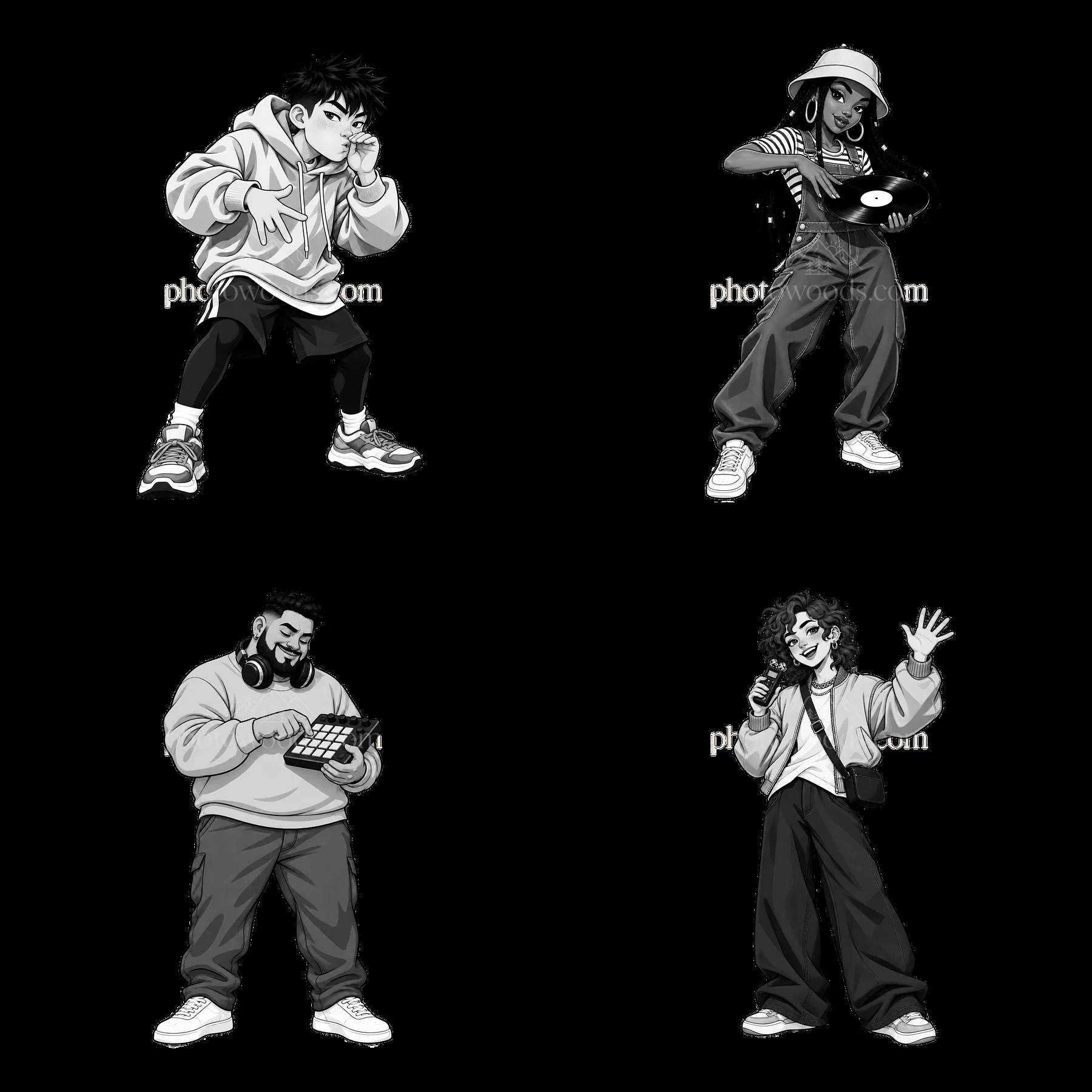 Hip-hop artists in monochrome sticker illustration layout - AI-generated stock image