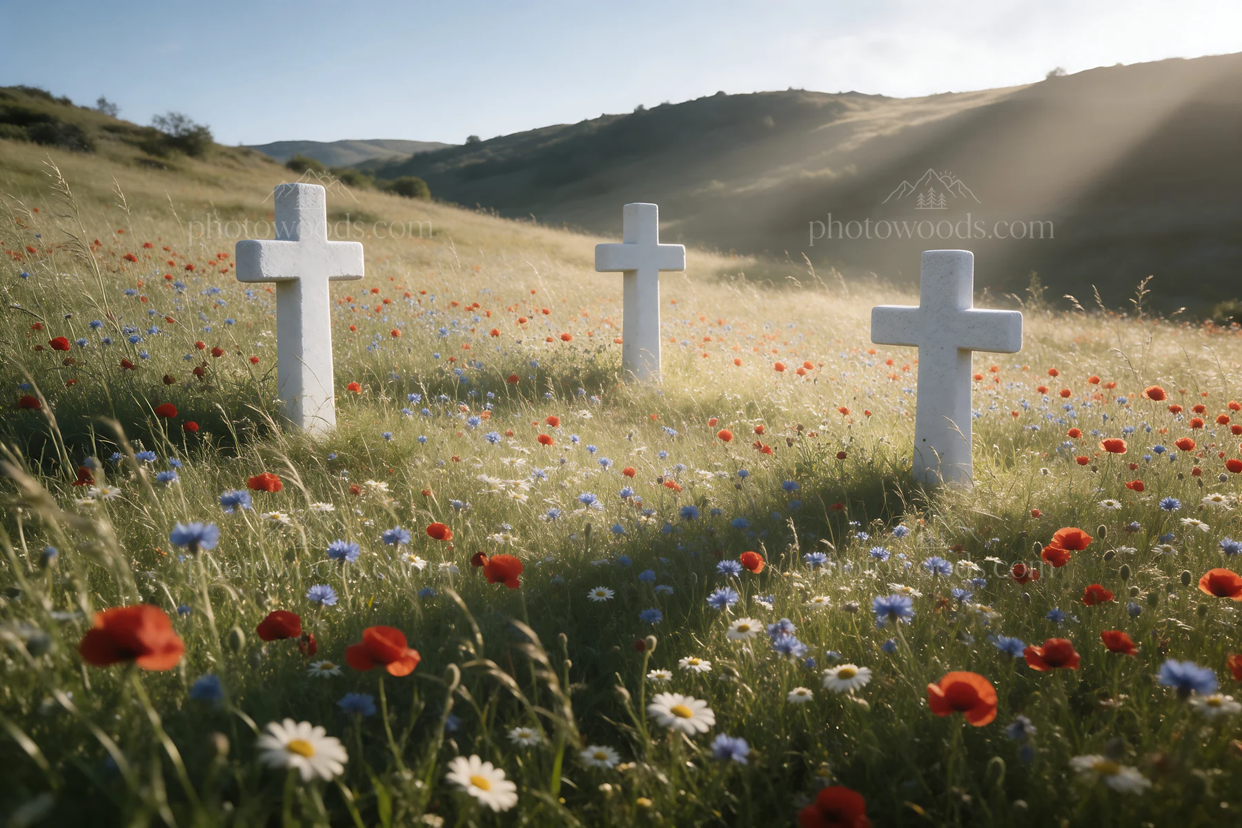 Christian crosses in meadow with sunlight and flowers - AI-generated stock image