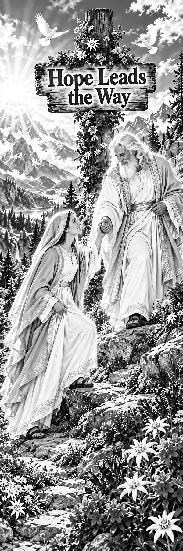 Jesus Christ guiding a woman on a mountainside path - AI-generated stock image
