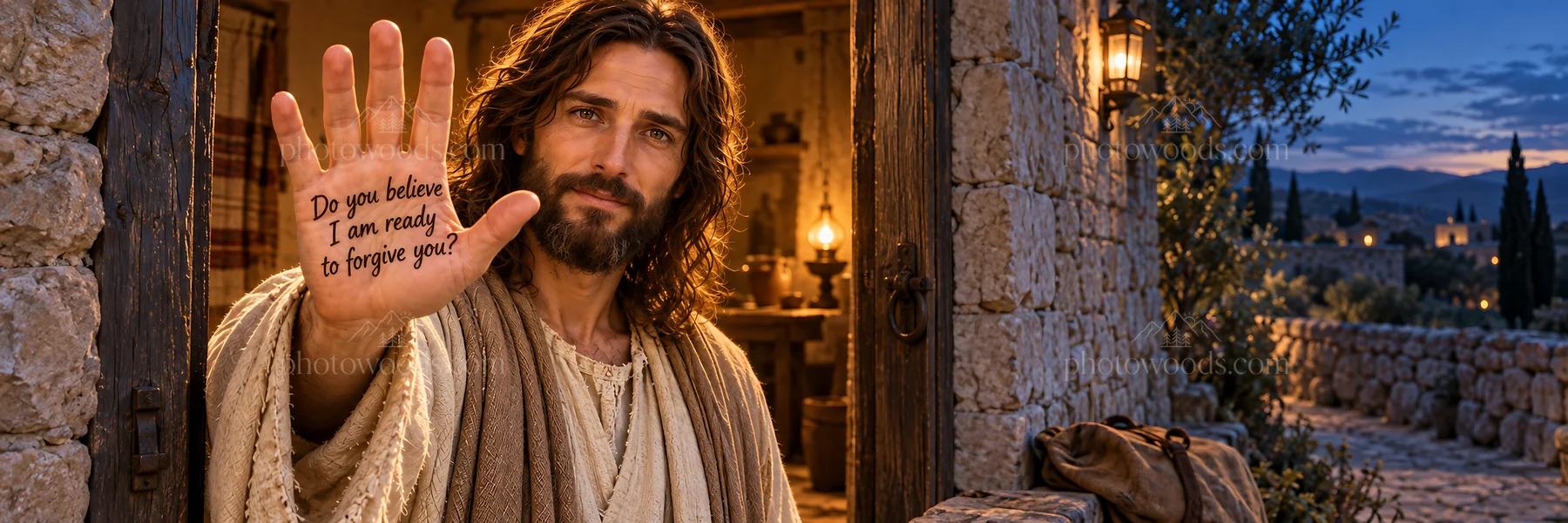Jesus Christ offering forgiveness in a welcoming setting - AI-generated stock image