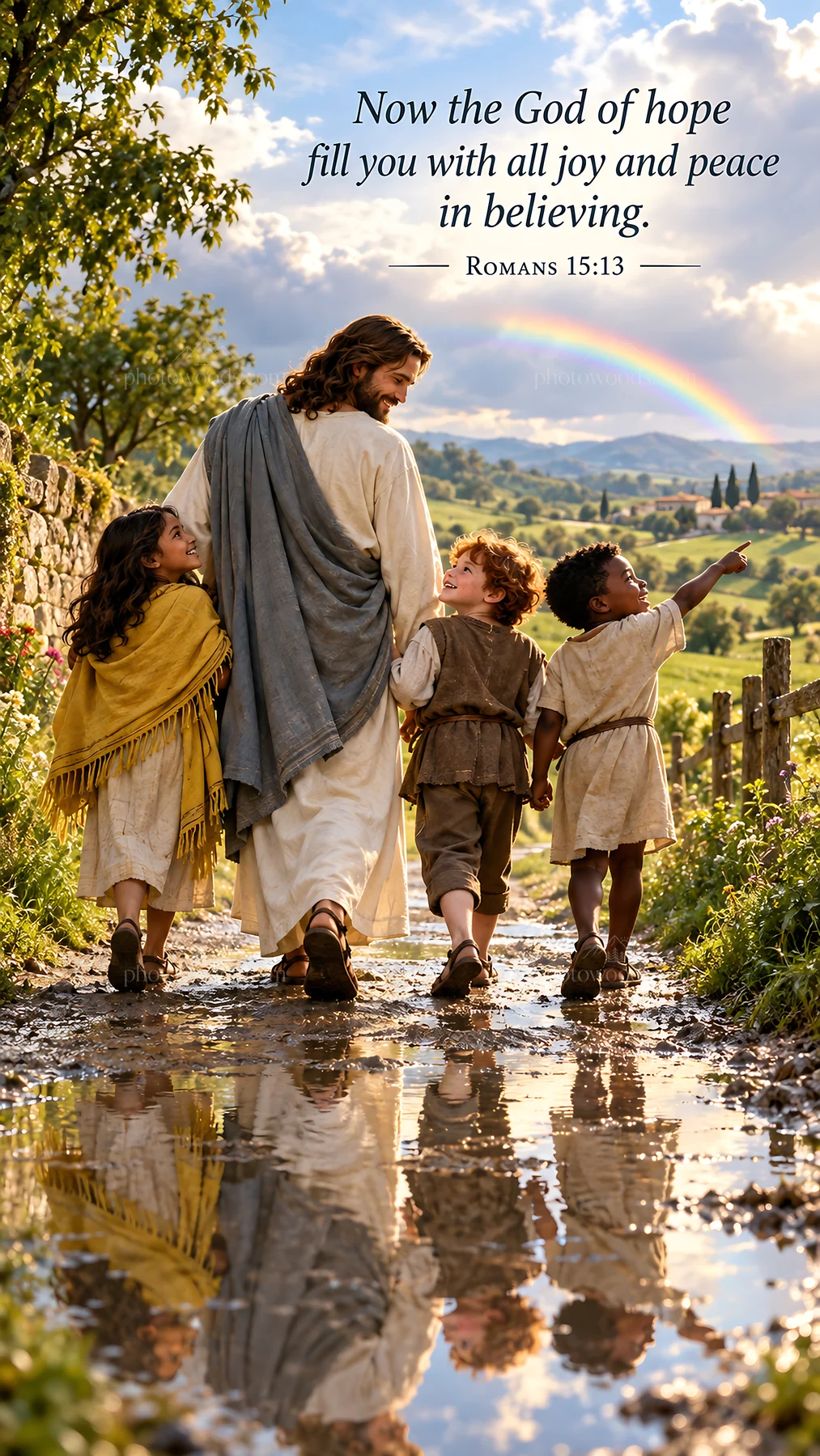 Jesus Christ walking with children by a path - AI-generated stock image