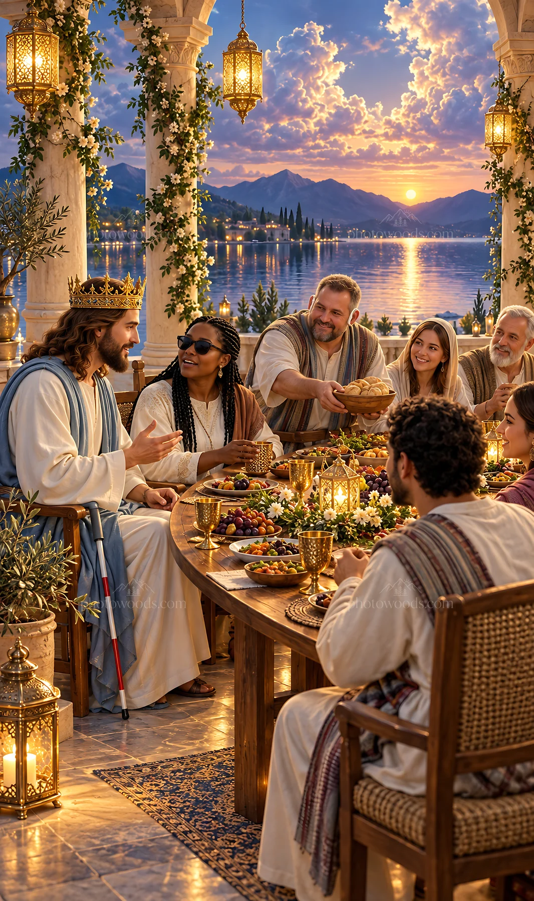 Jesus Christ sharing a meal with friends at sunset - AI-generated stock image
