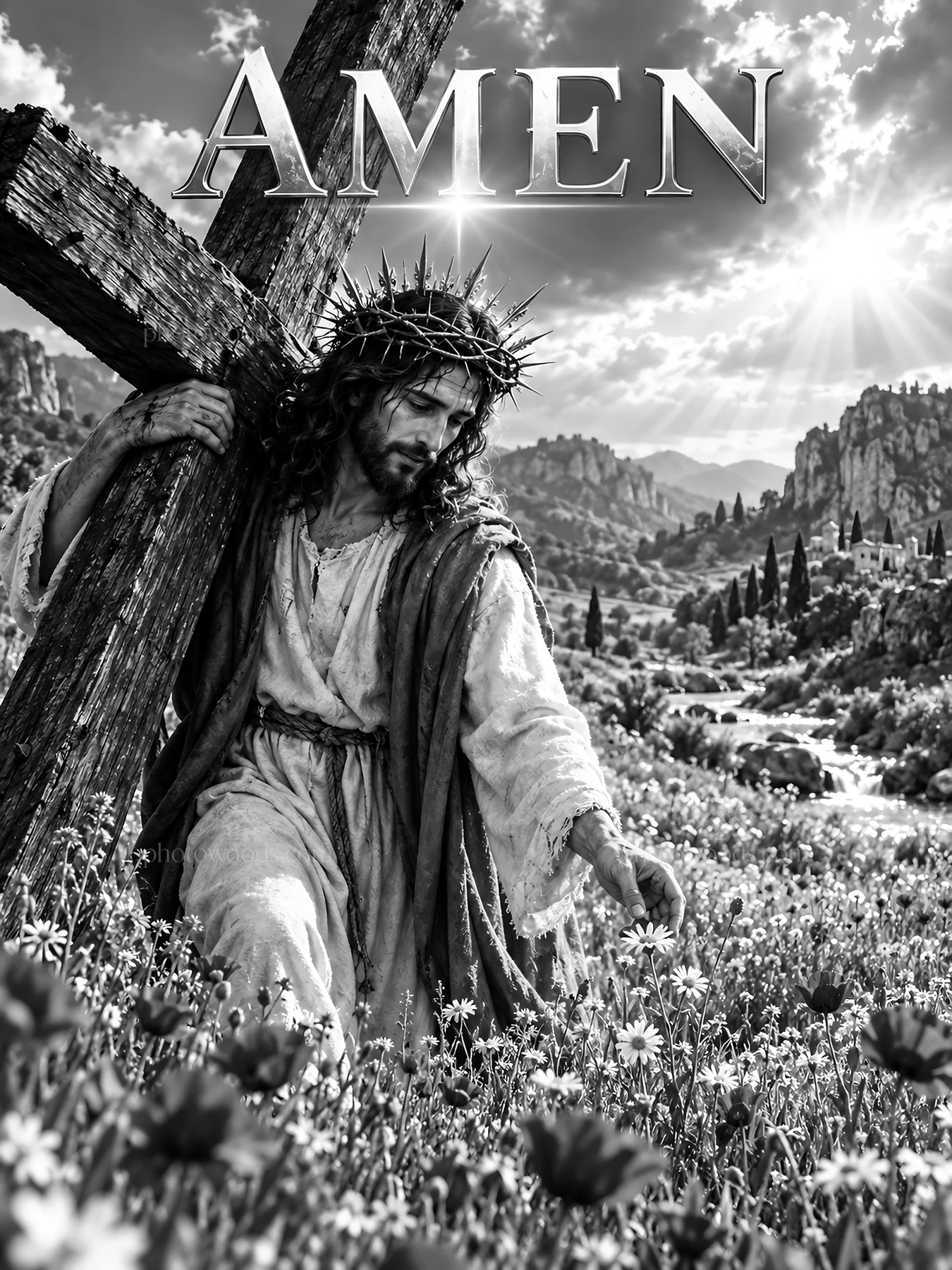 Jesus Christ carrying the cross in a field - AI-generated stock image
