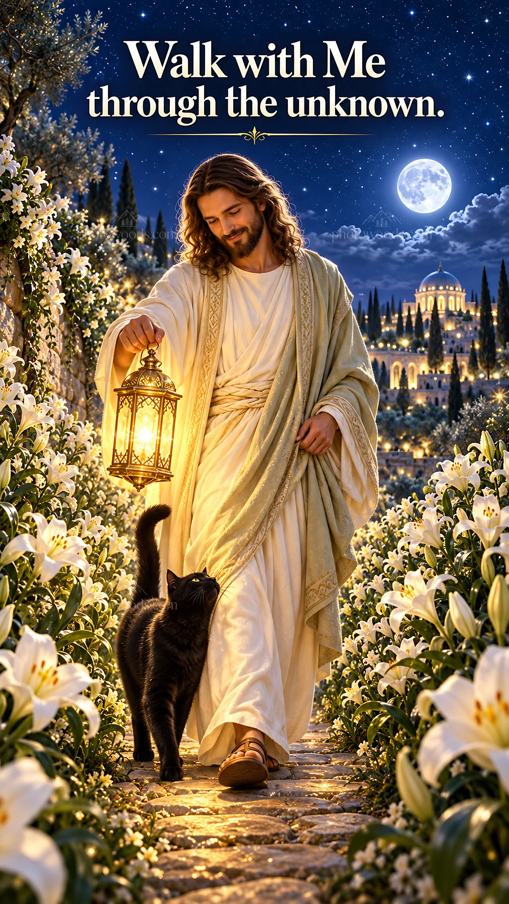 Jesus Christ walking with a cat in a garden at night - AI-generated stock image
