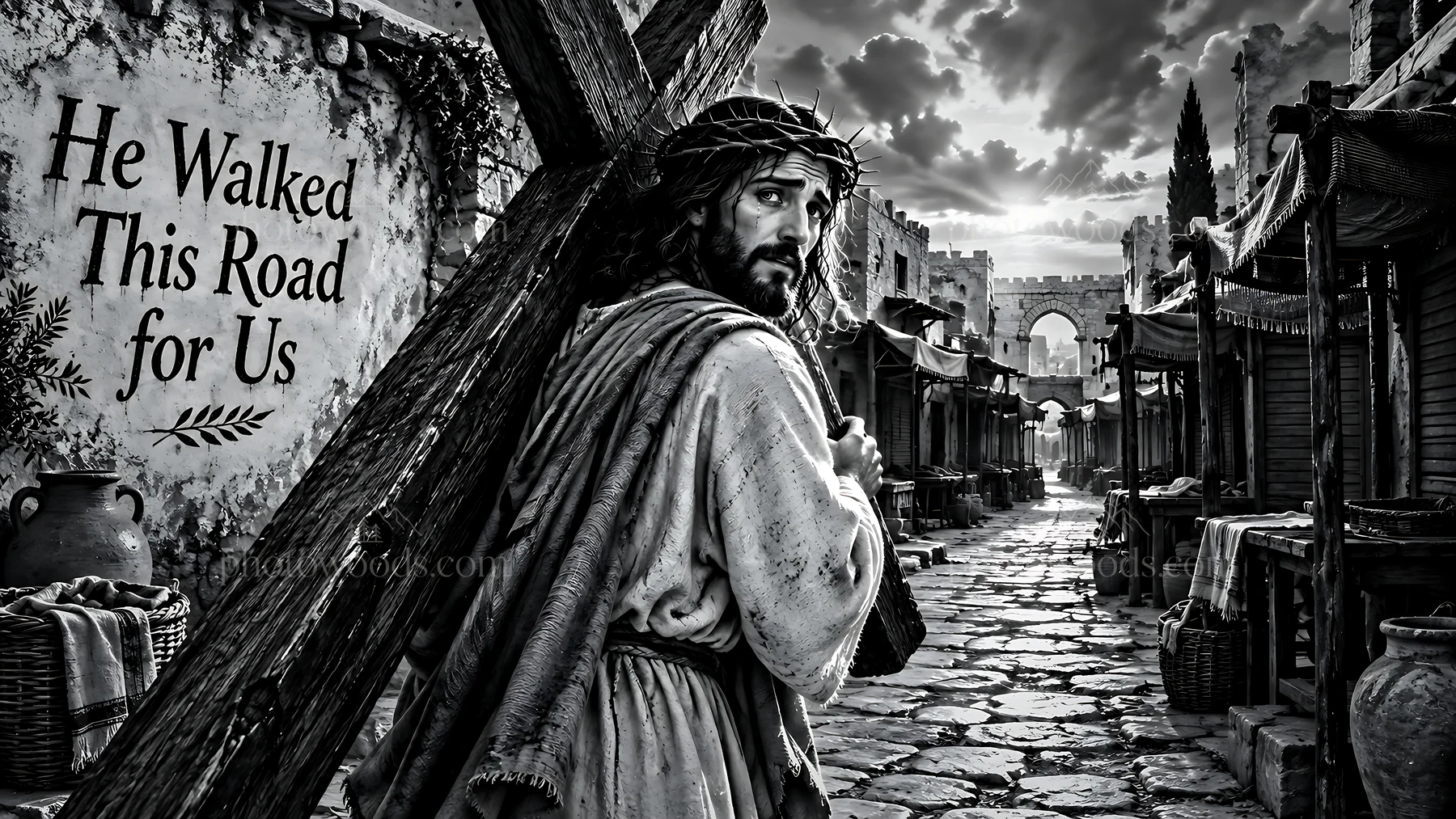 Man carrying cross through stone street - AI-generated stock image