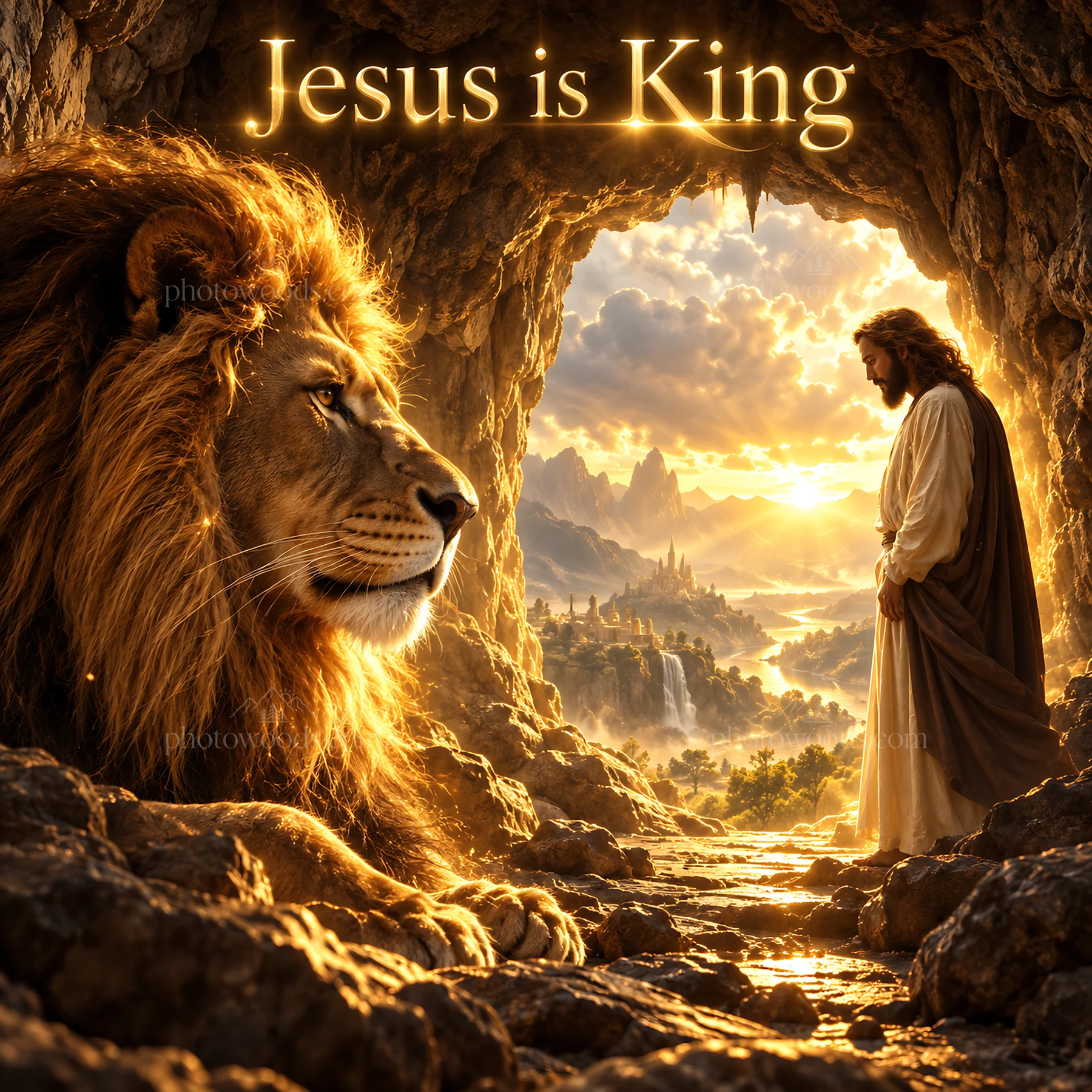 Jesus Christ stands with a lion in a symbolic setting - AI-generated stock image