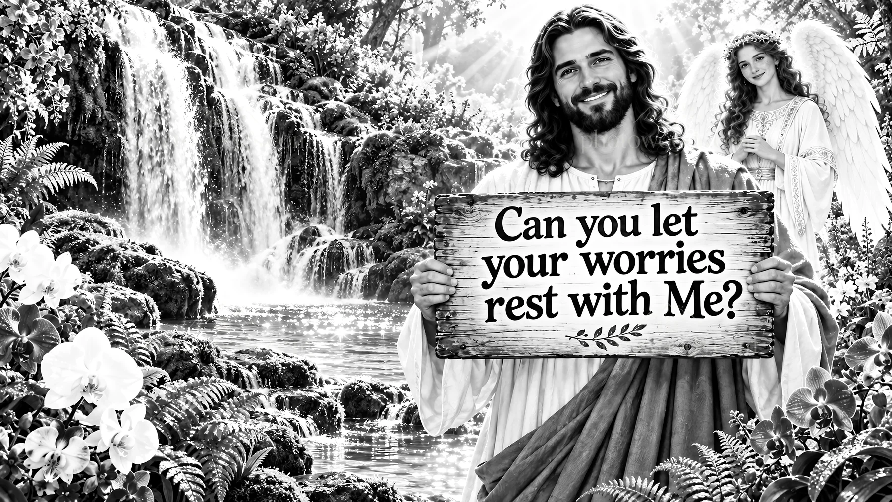 Jesus Christ welcoming with a message in a serene setting - AI-generated stock image
