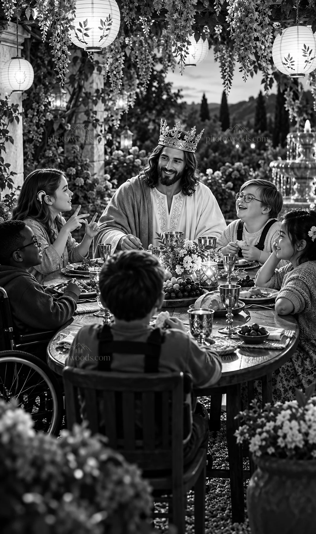 Jesus Christ sharing a meal with children in a garden setting - AI-generated stock image