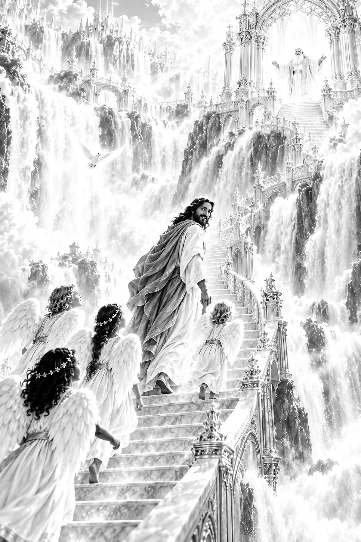 Jesus Christ guiding children through a heavenly landscape - AI-generated stock image