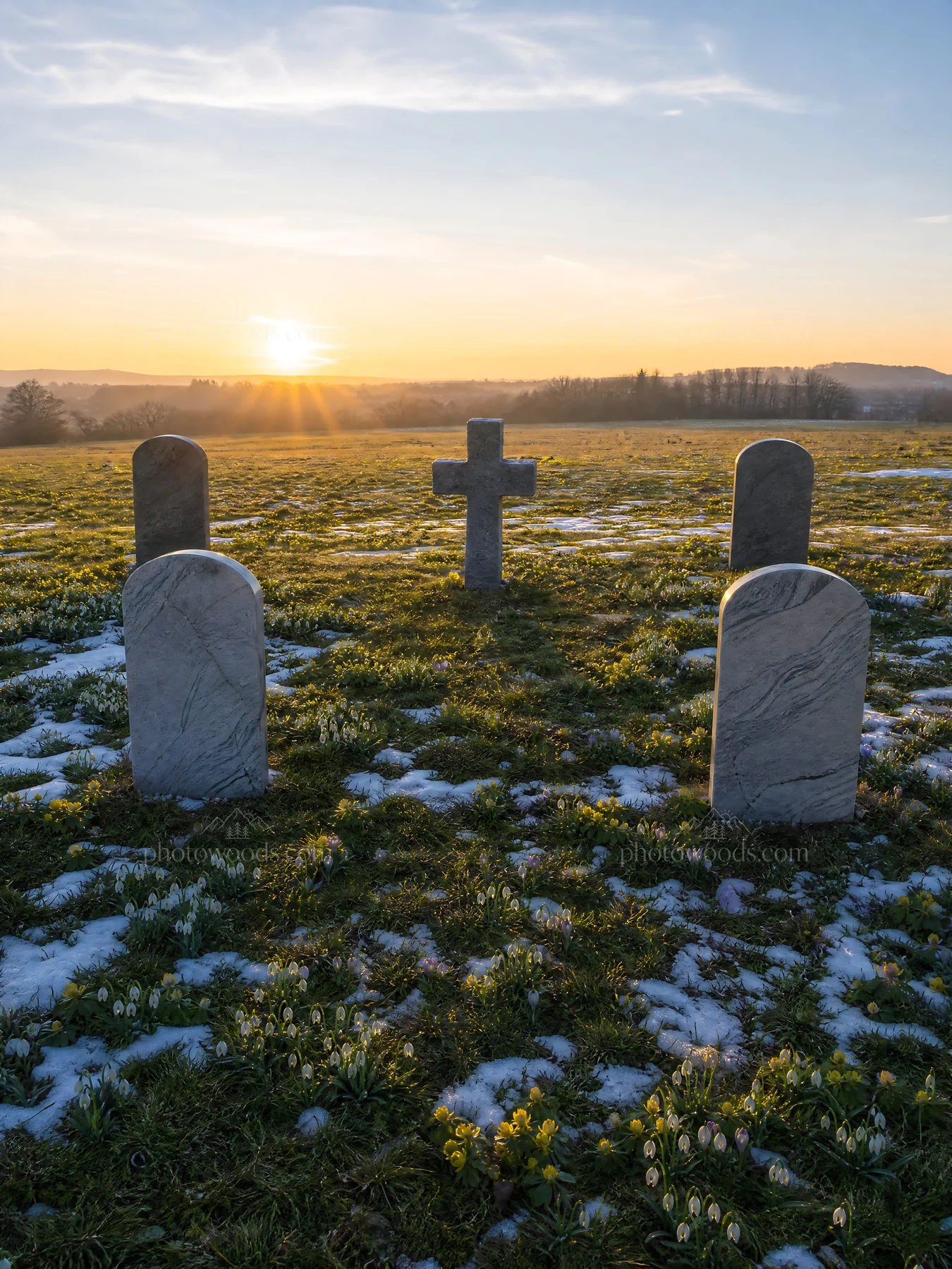 Christian cross in winter meadow under low sunlight - AI-generated stock image