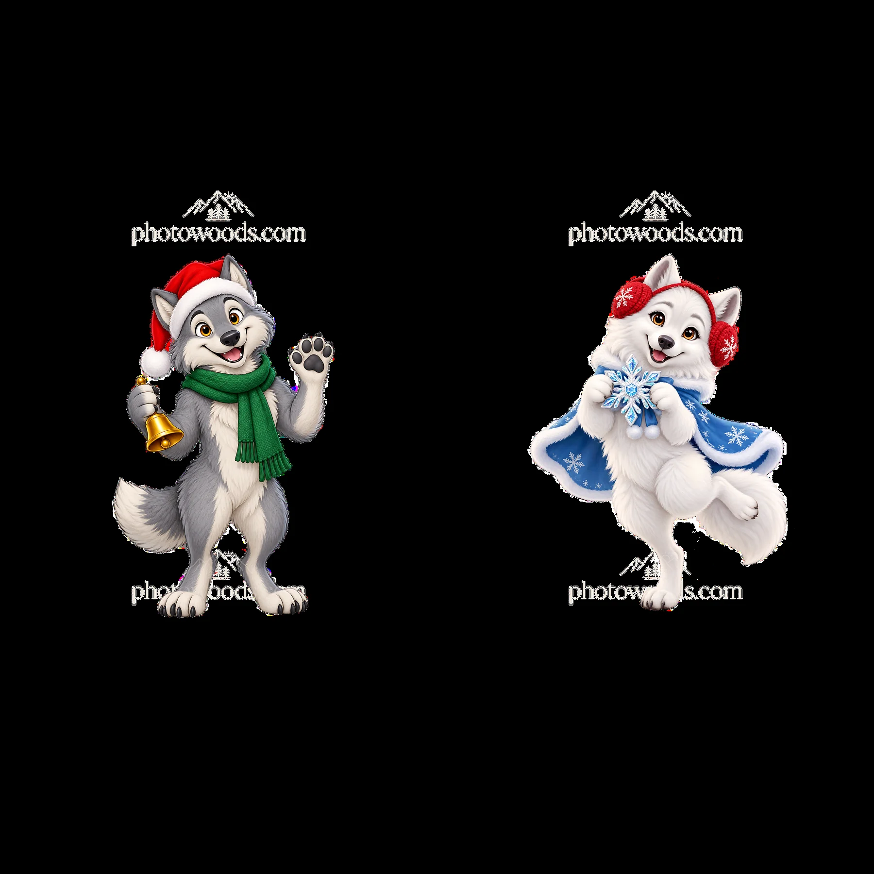 Christmas wolf characters with bell and snowflake accessory - AI-generated stock image