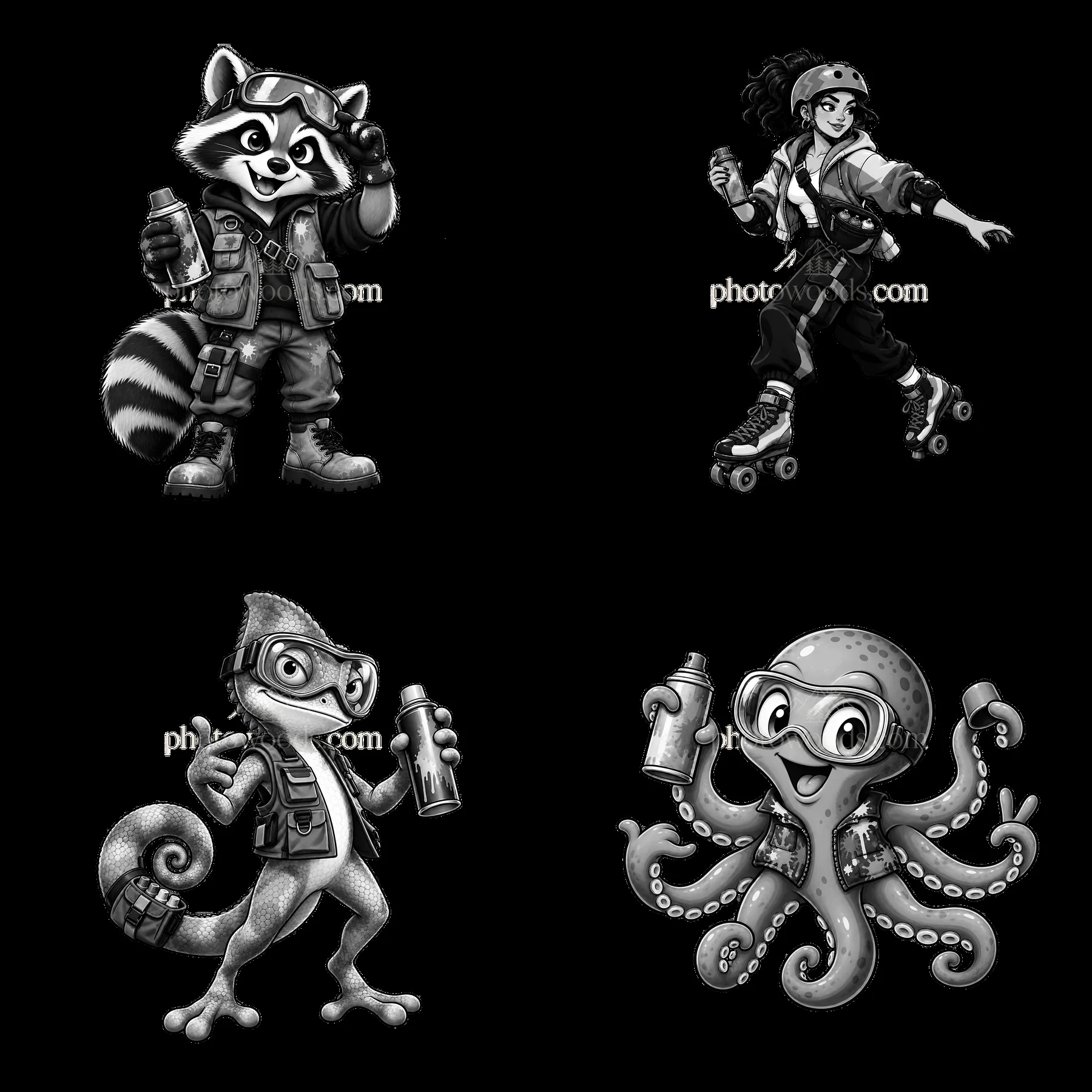 Graffiti sprayer characters in a fun cartoon style - AI-generated stock image