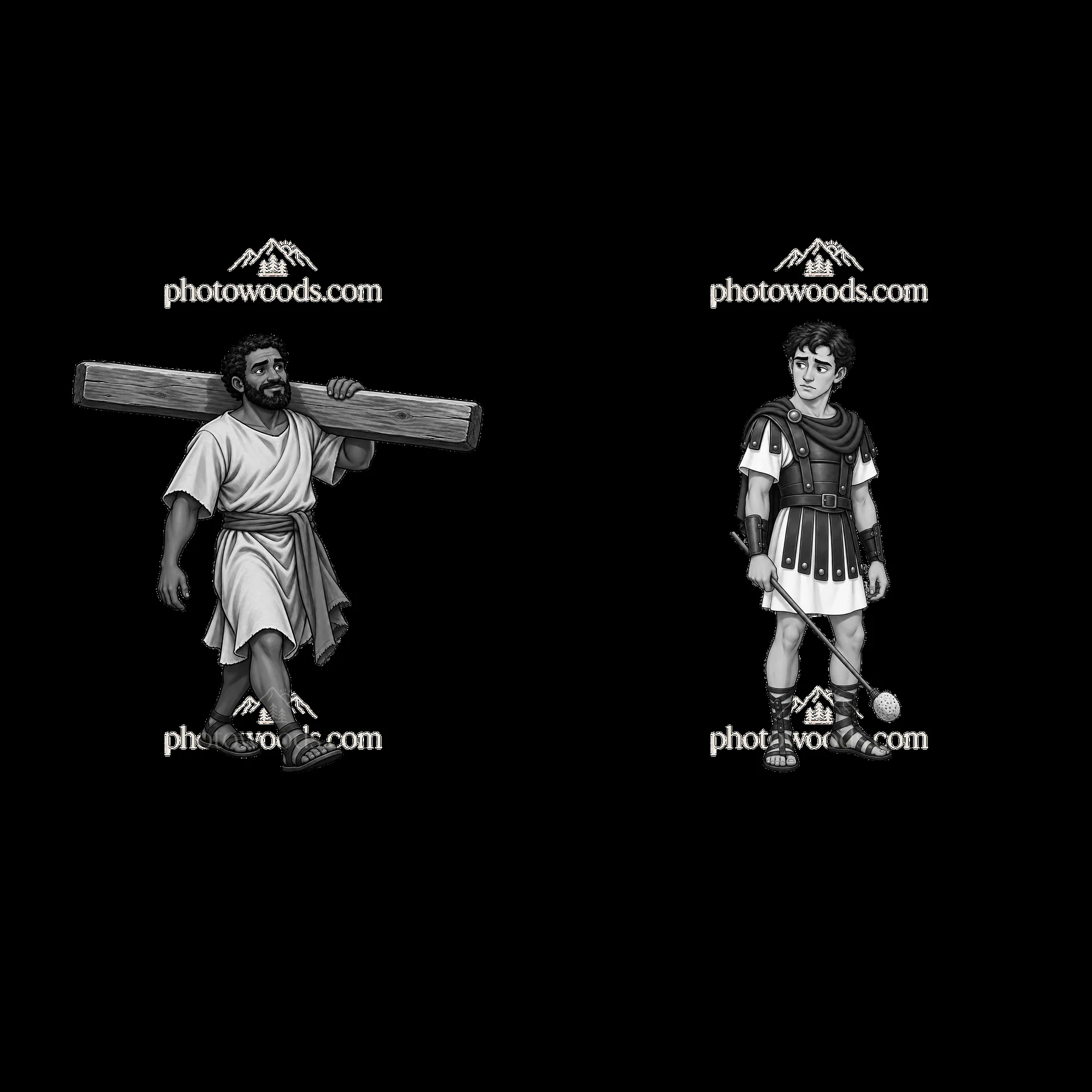 Jesus carries the cross with a Roman soldier observing nearby - AI-generated stock image