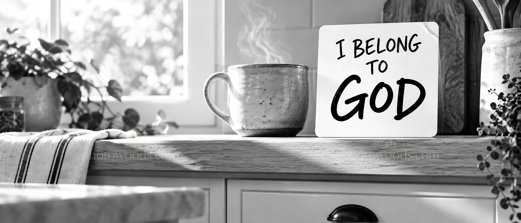 Jesus Christ in a kitchen setting with a message of faith - AI-generated stock image