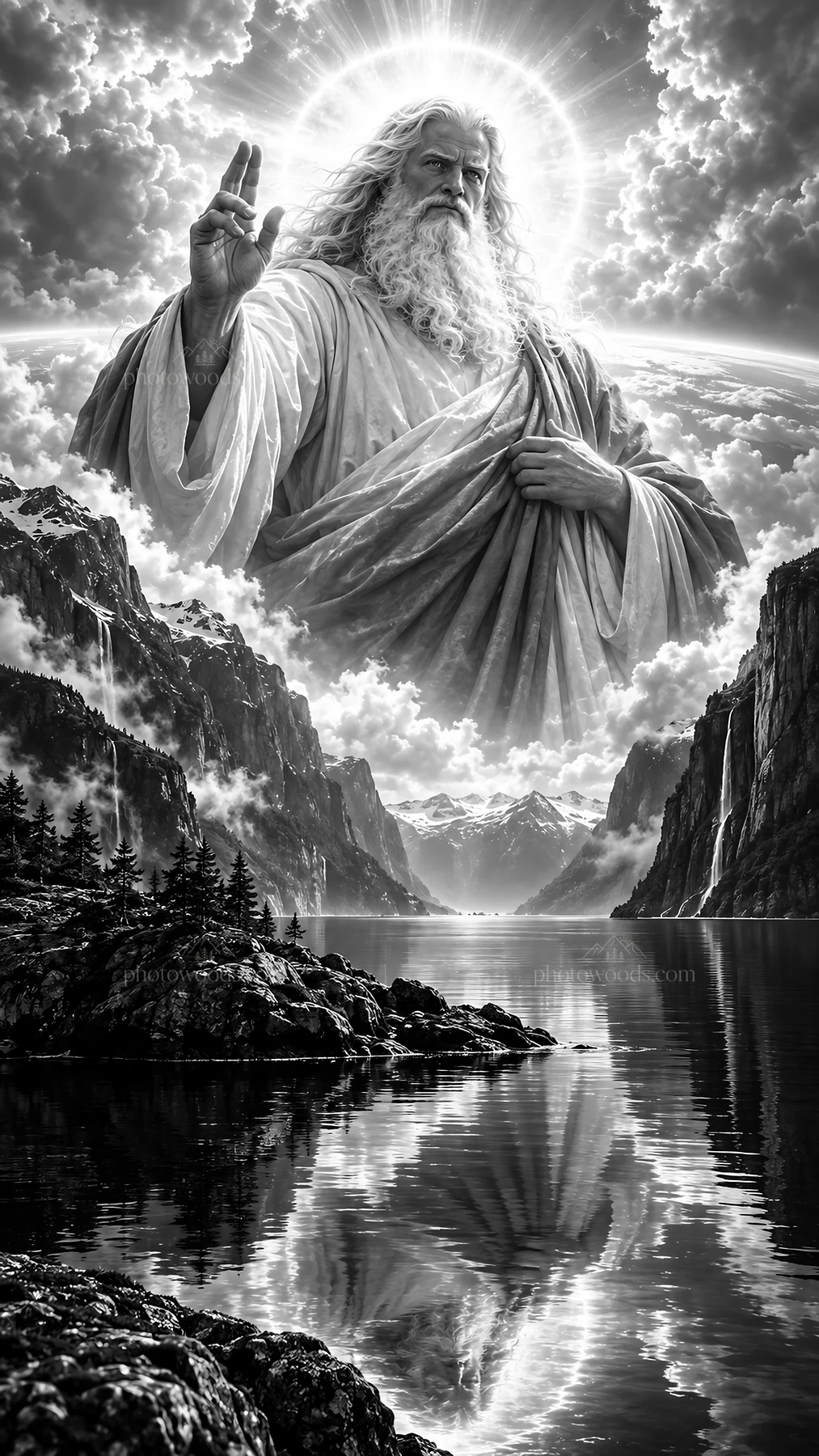 Jesus Christ standing in the clouds over a serene landscape - AI-generated stock image