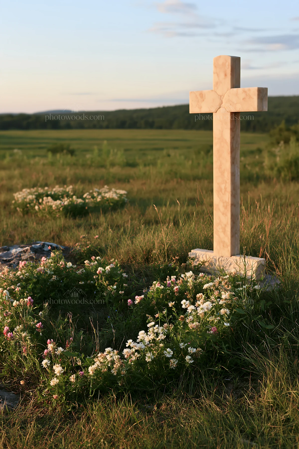 Simple cross in a meadow surrounded by flowers - AI-generated stock image