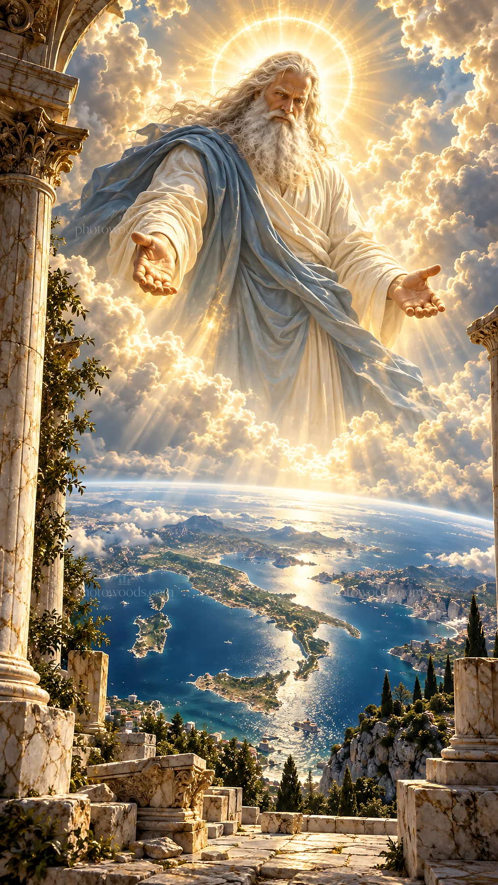Jesus Christ reaching out with open arms from heaven - AI-generated stock image