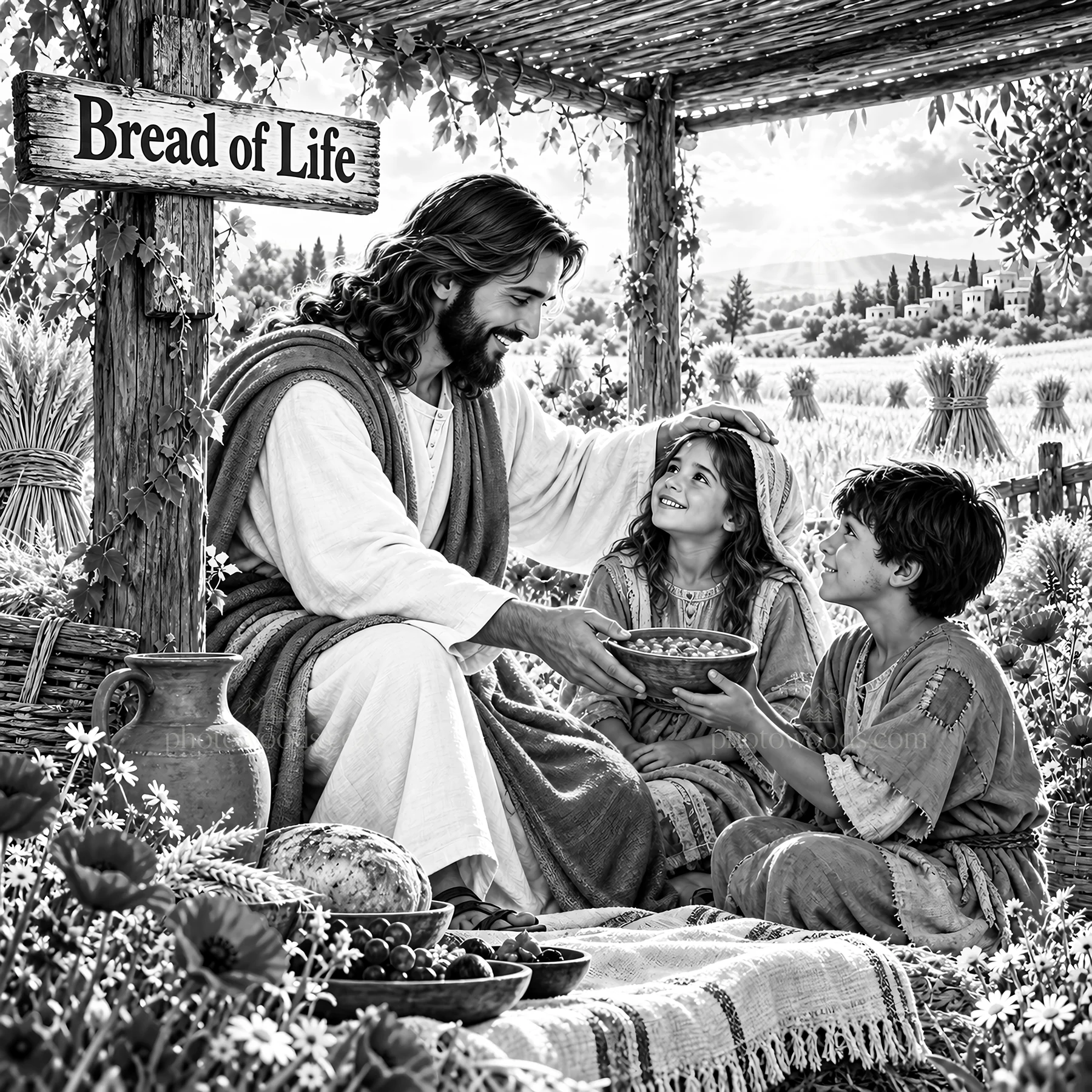 Jesus Christ sharing food with children in a peaceful setting - AI-generated stock image