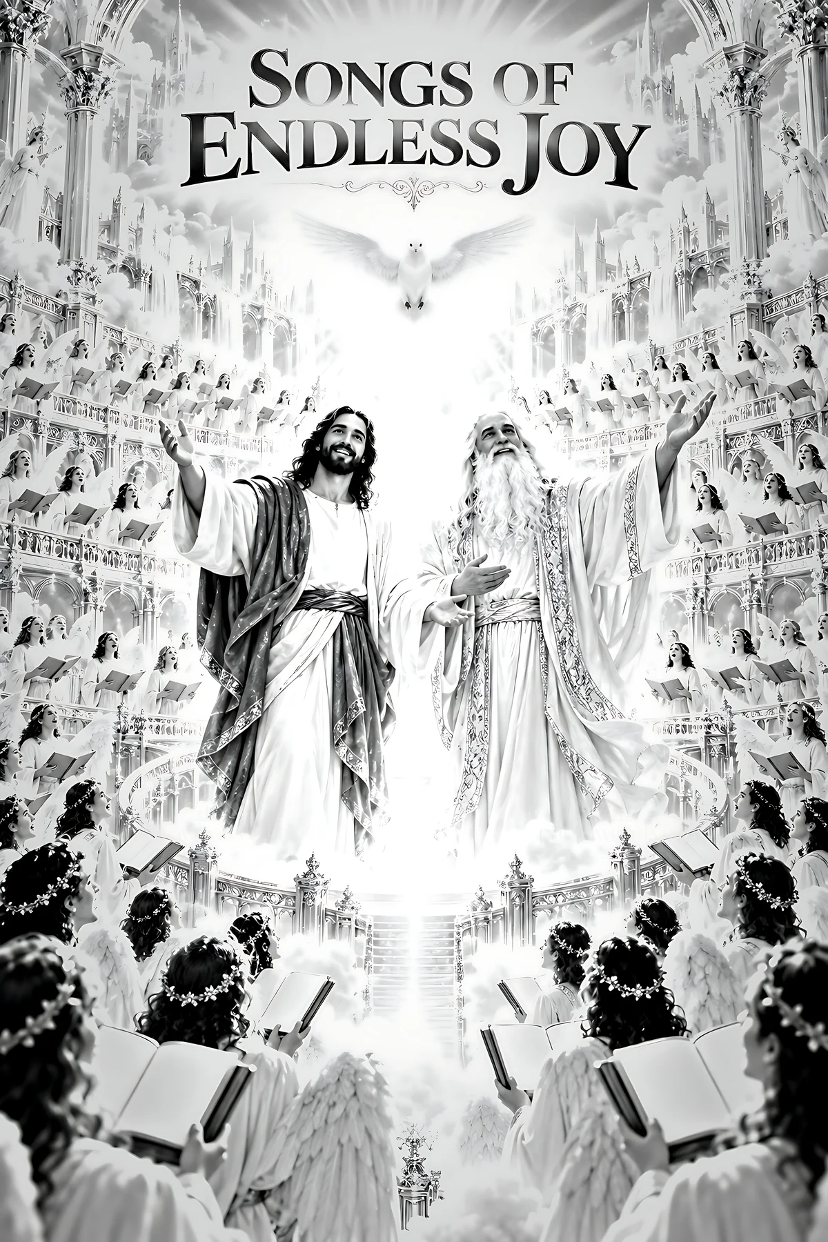 Songs of Endless Joy featuring figures in a heavenly scene - AI-generated stock image