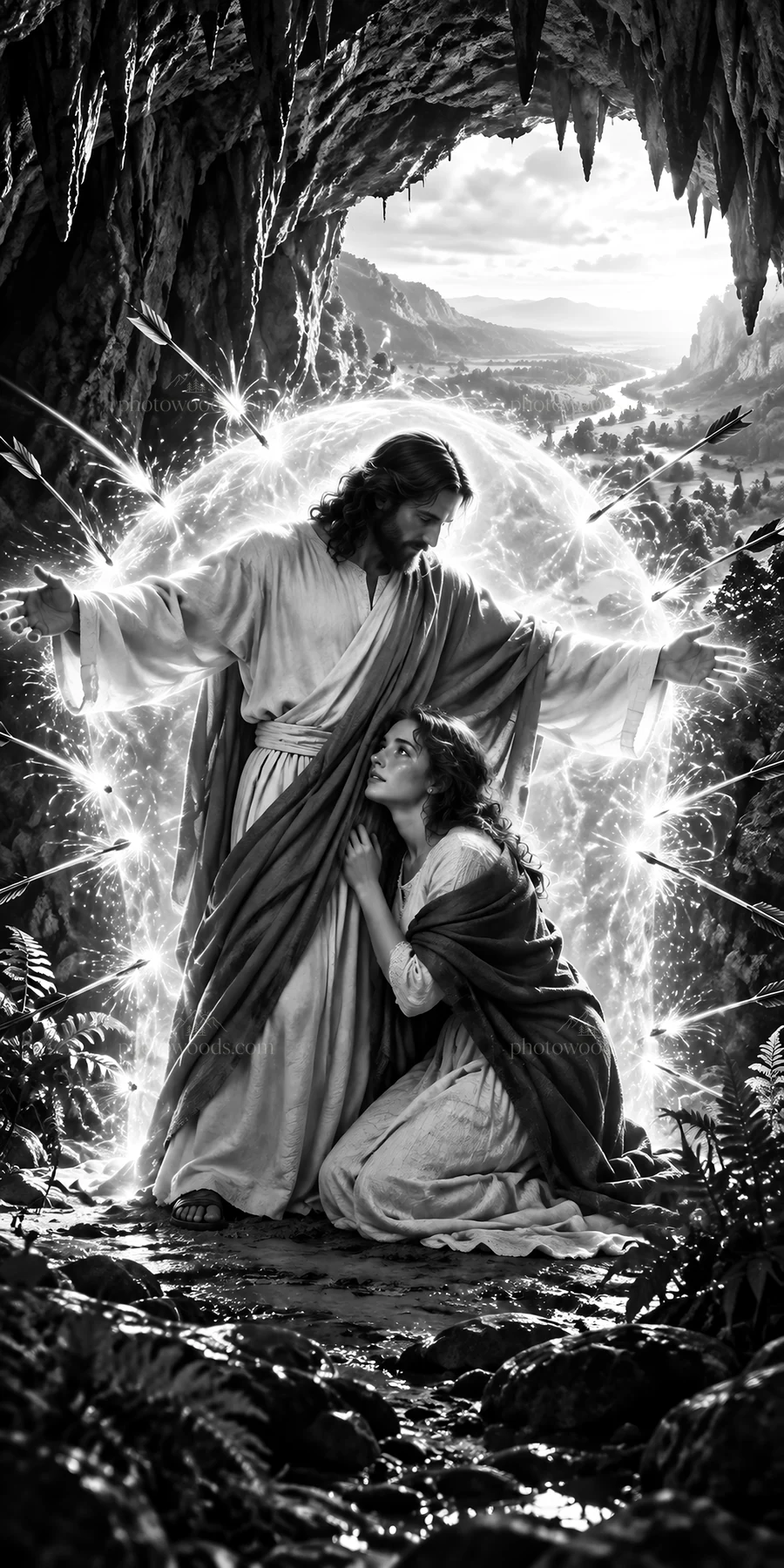 Jesus Christ comforting a woman in a cave setting - AI-generated stock image