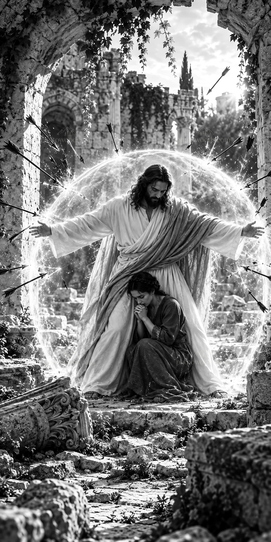 Jesus Christ comforting a person in a ruined setting - AI-generated stock image