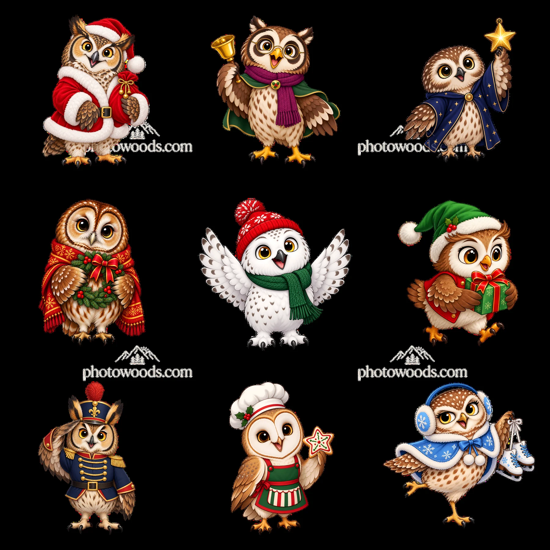 Colorful Christmas owl stickers in a 3x3 layout - AI-generated stock image