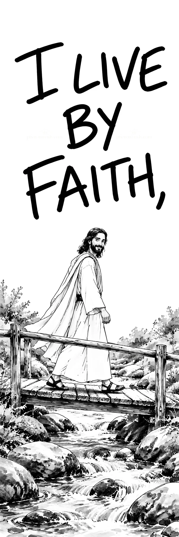 Jesus Christ walking on a bridge by a stream - AI-generated stock image