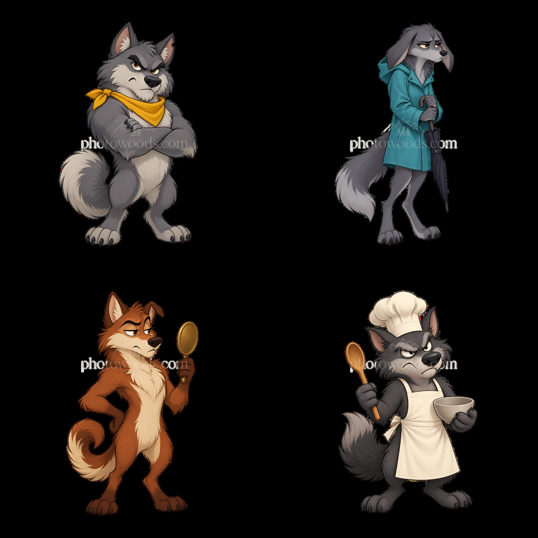 Grumpy wolf characters in four distinct poses and outfits - AI-generated stock image