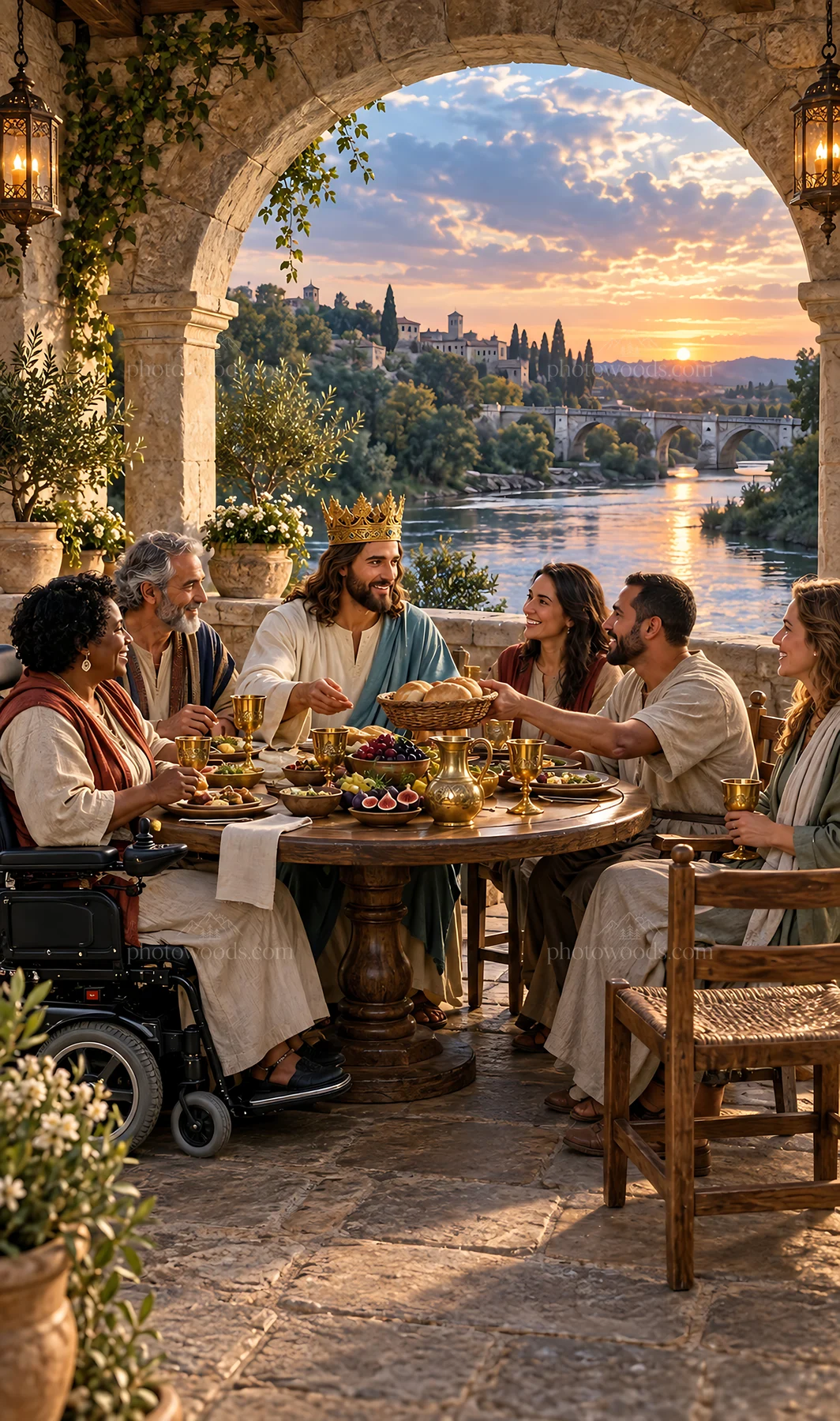 Jesus Christ sharing a meal with followers by the river - AI-generated stock image