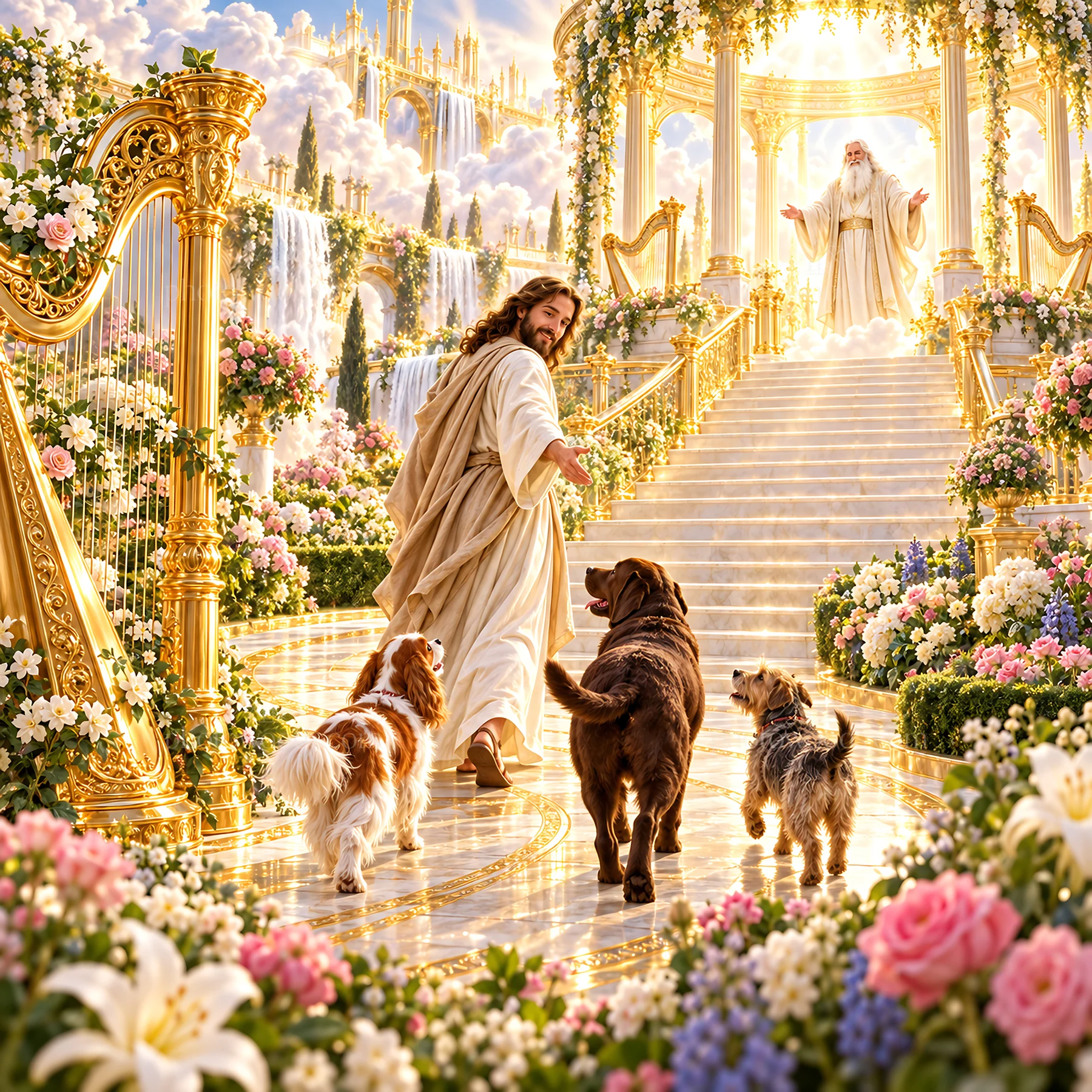 Jesus Christ walking with animals in a beautiful garden - AI-generated stock image