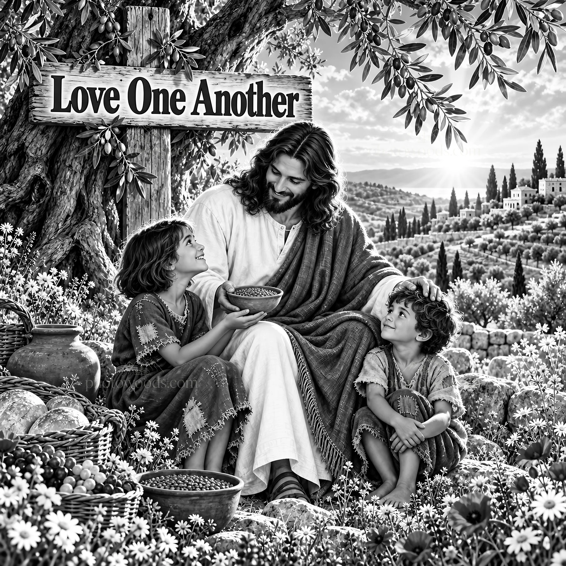 Jesus Christ sharing a meal with children - AI-generated stock image