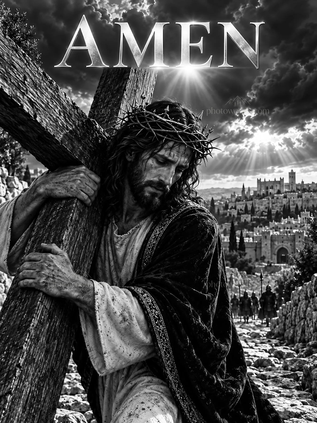 Jesus Christ carrying a cross on the road to crucifixion - AI-generated stock image