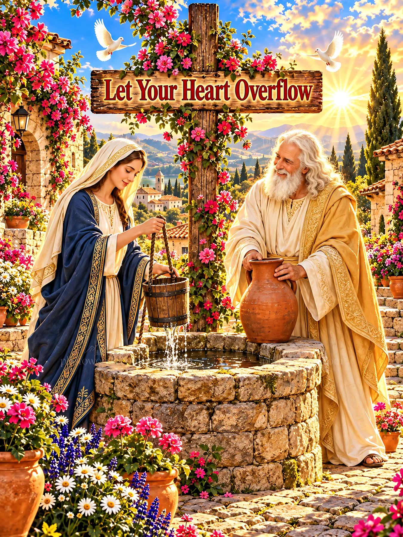 Jesus Christ and a woman by the well - AI-generated stock image