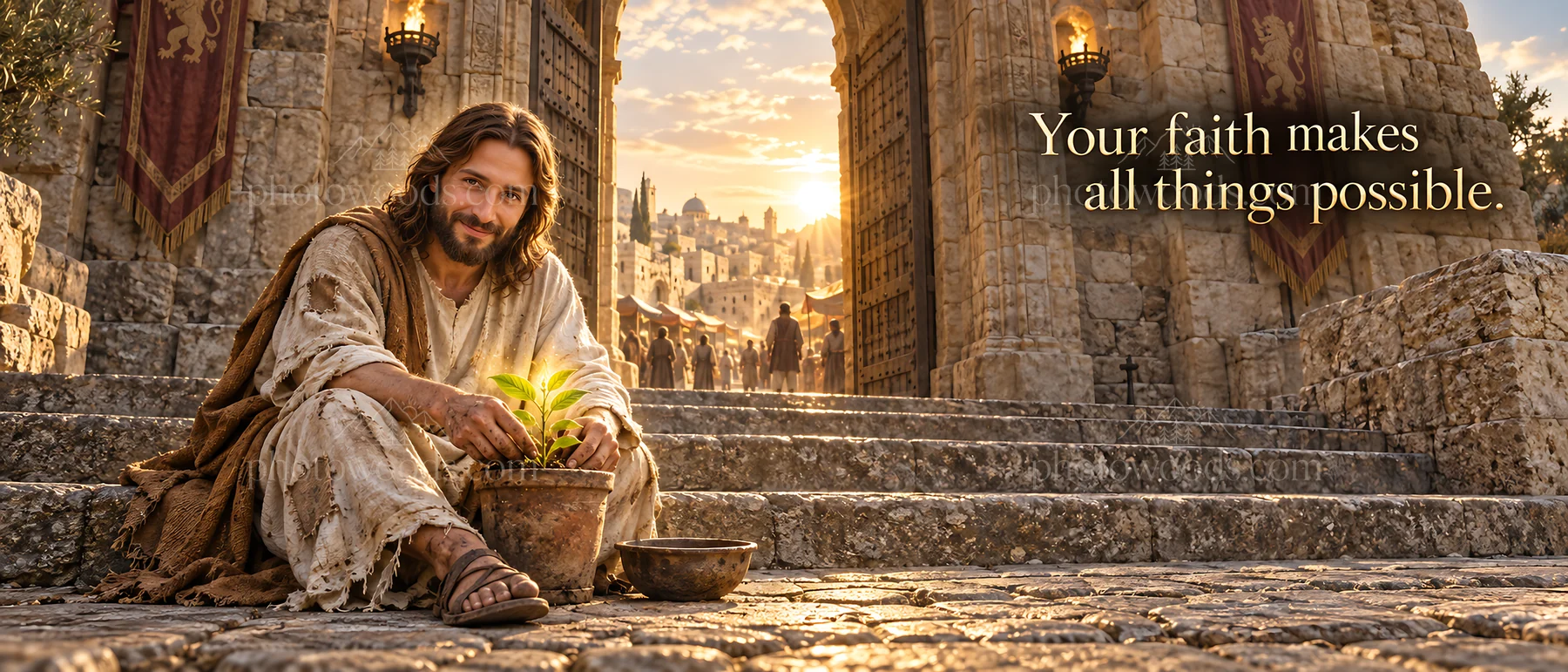 Jesus Christ planting seeds in a garden - AI-generated stock image