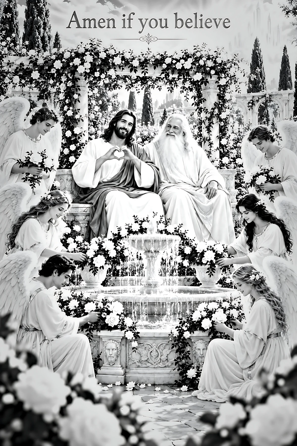Artwork depicting divine figures in a garden setting - AI-generated stock image