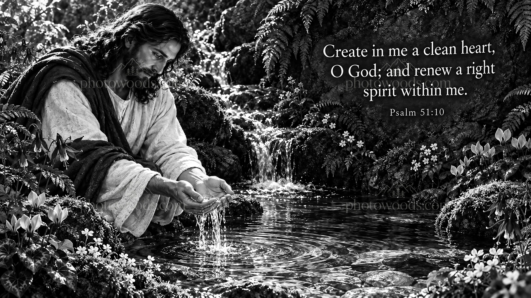 Jesus Christ comforting with water by a stream - AI-generated stock image
