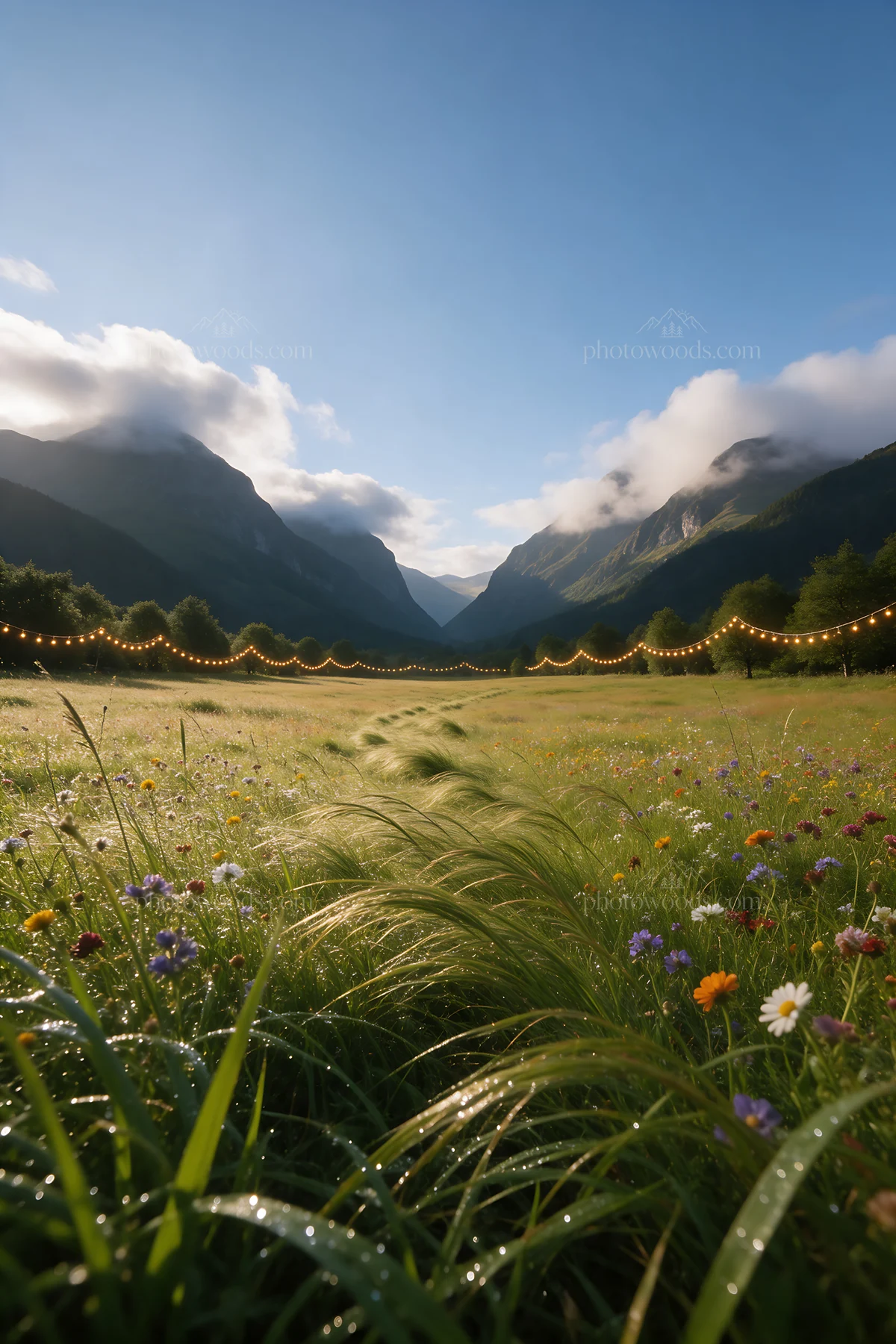 Warm Christmas lights across mountain valley meadow - AI-generated stock image