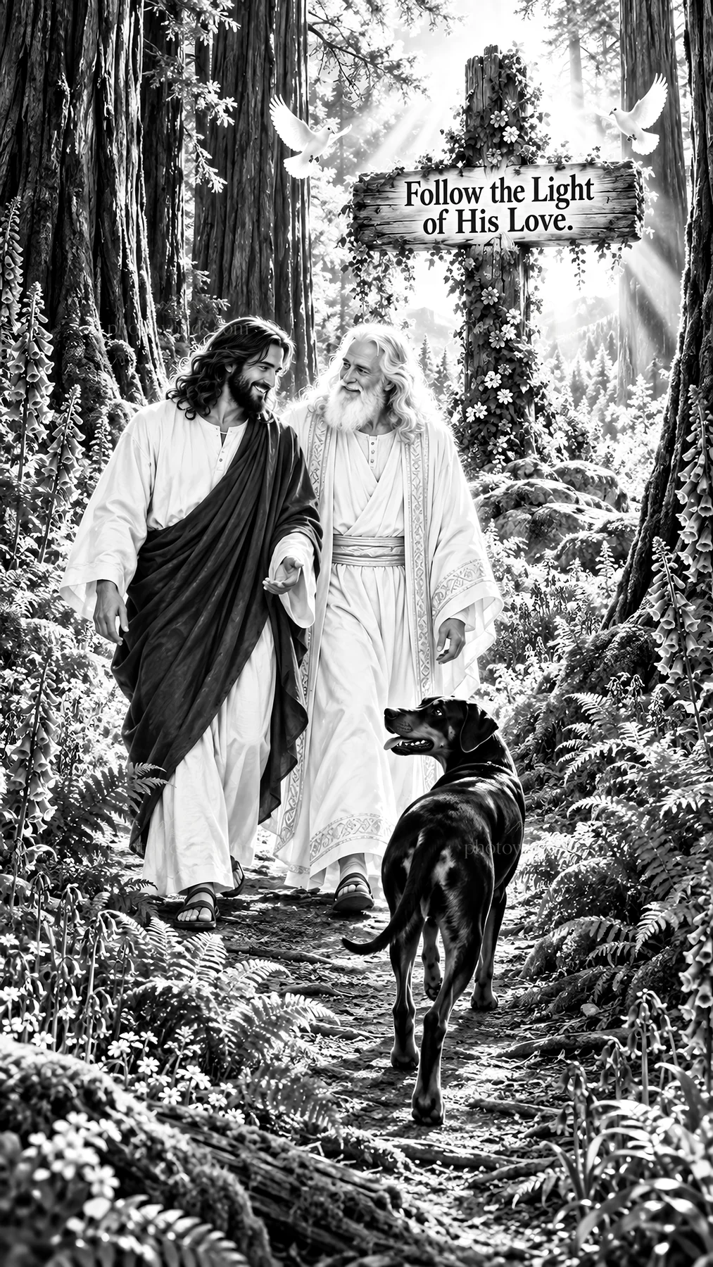 Jesus Christ walking with God, sharing light and love - AI-generated stock image