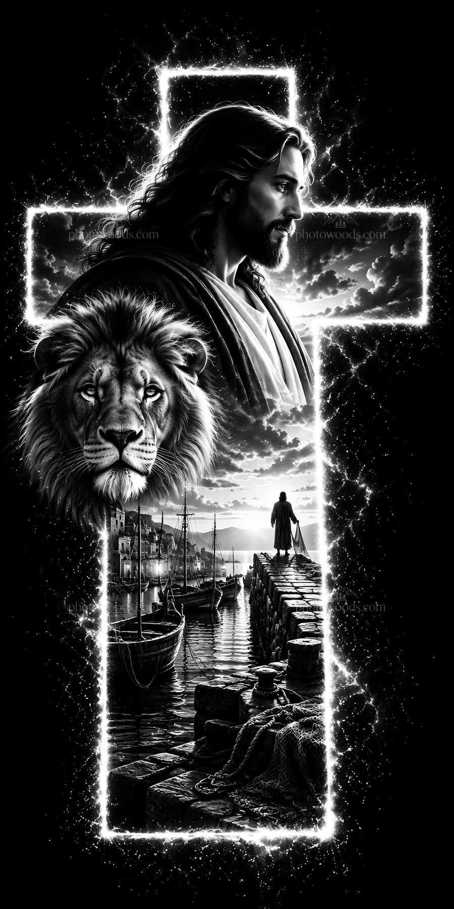 Jesus Christ with lion and boats in a powerful scene - AI-generated stock image