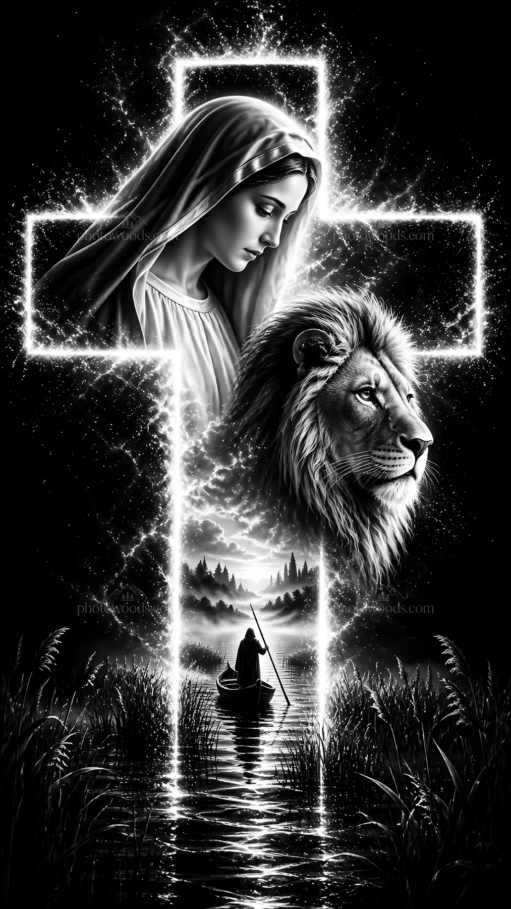 Jesus Christ and the lion representing faith and strength - AI-generated stock image