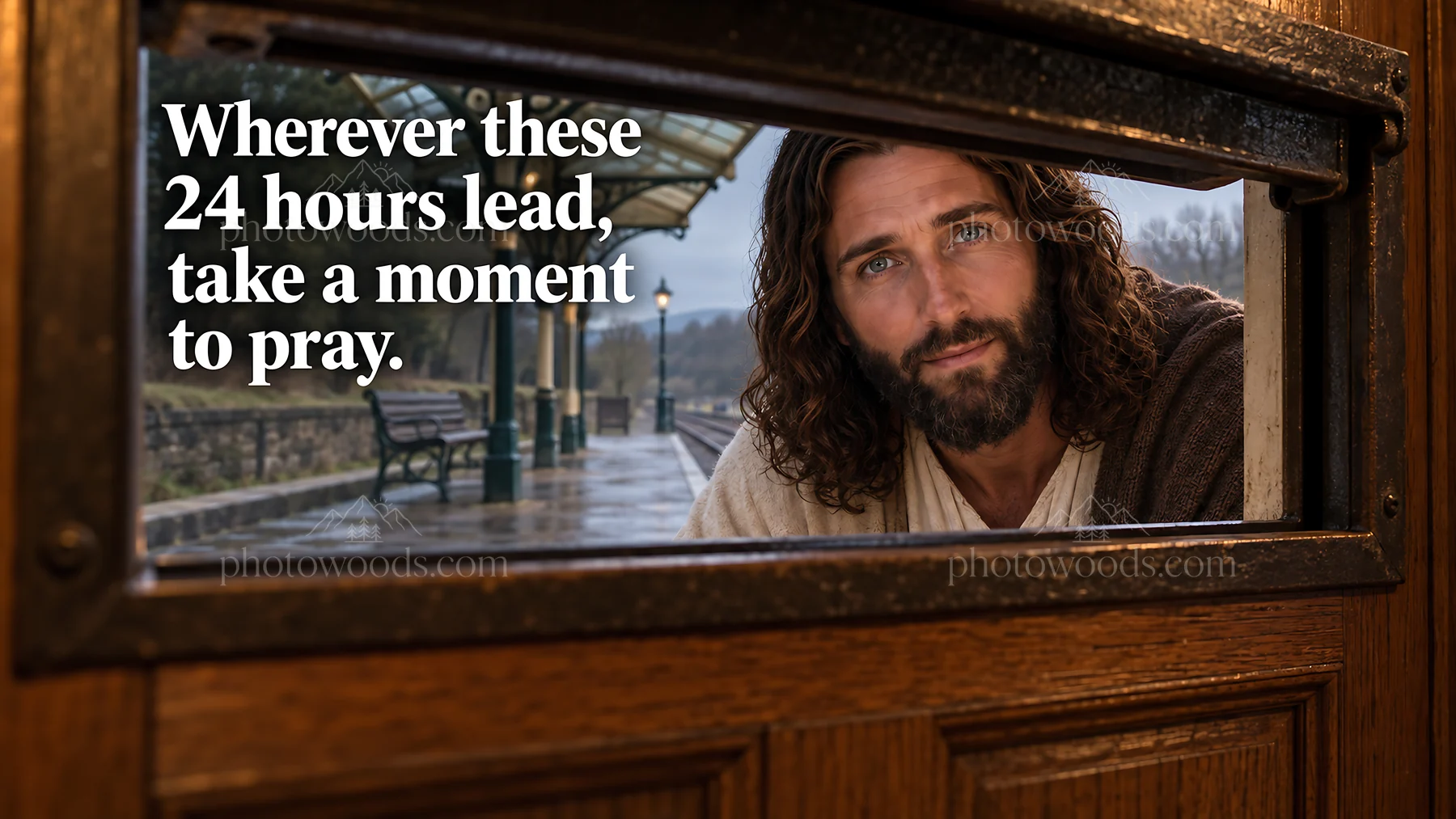 Jesus Christ looking through a door inviting devotion - AI-generated stock image