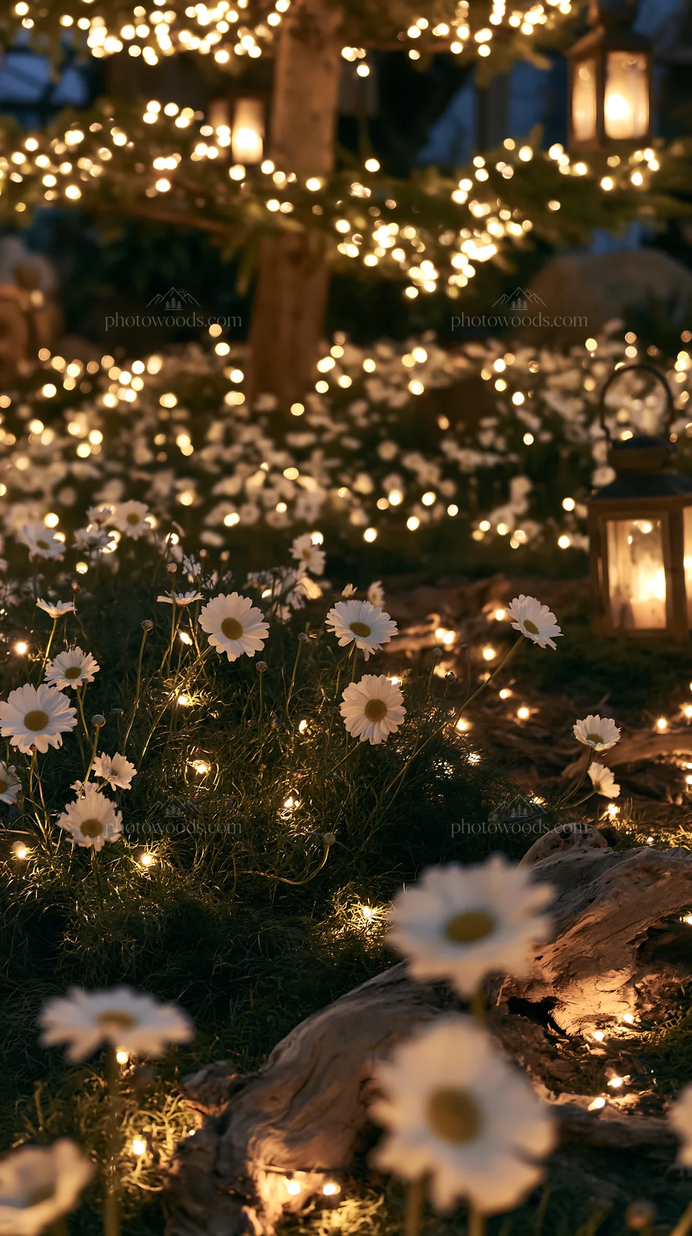Expansive Christmas meadow with white daisies and lights - AI-generated stock image