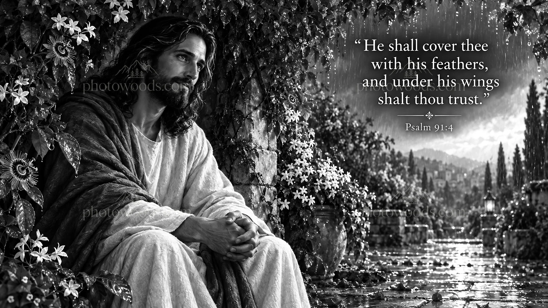 Jesus Christ offering comfort in a garden setting - AI-generated stock image
