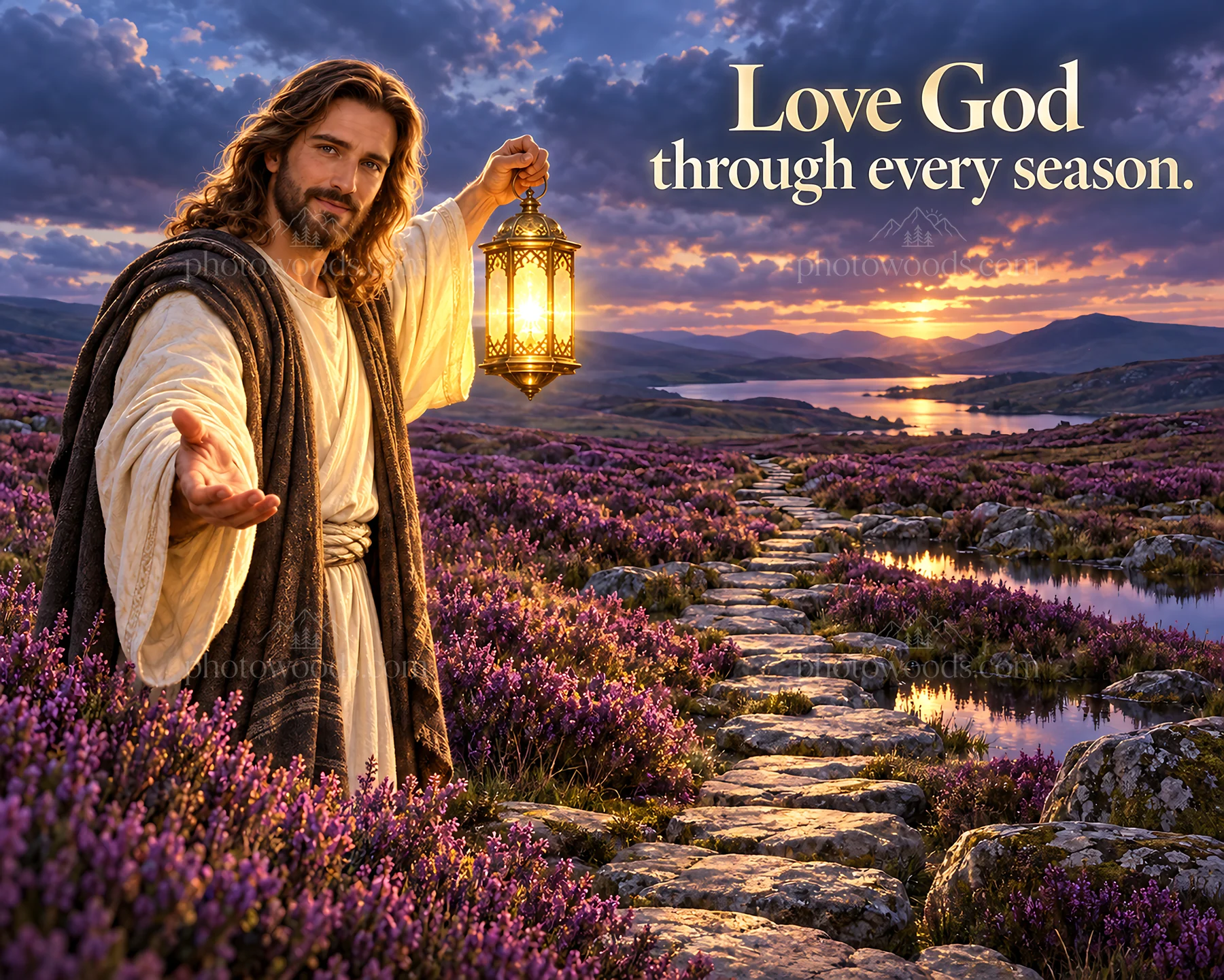 Jesus Christ holding a lantern in a vibrant landscape - AI-generated stock image