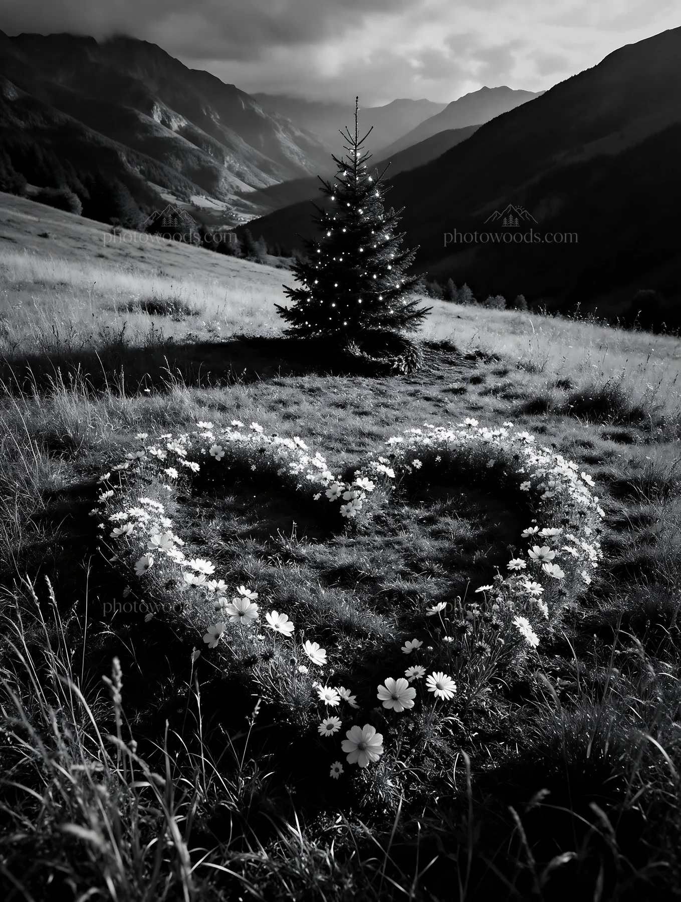 Christmas tree in mountain valley meadow with heart-shaped flowers - AI-generated stock image