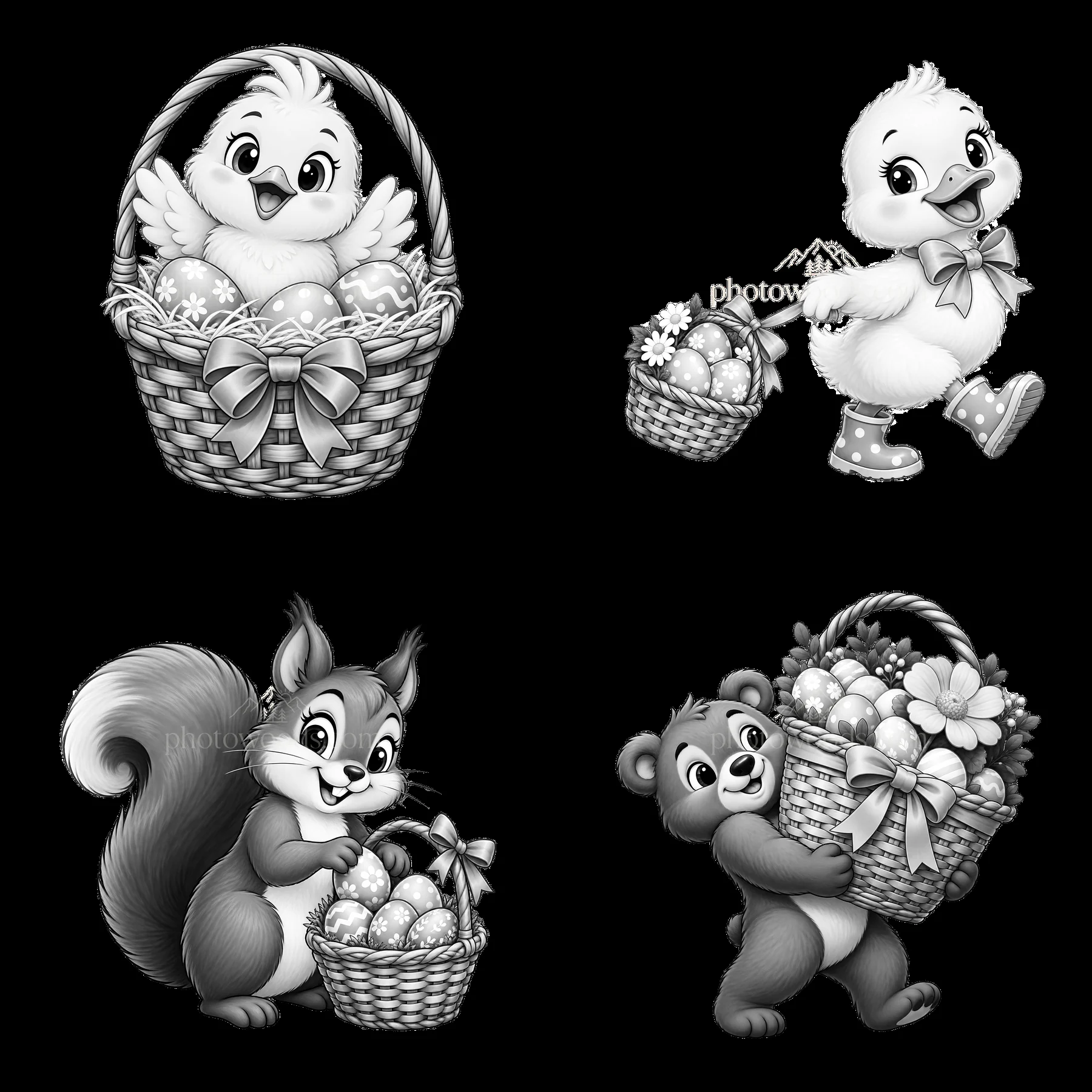 Easter basket with cute animals and decorative eggs in black and white - AI-generated stock image