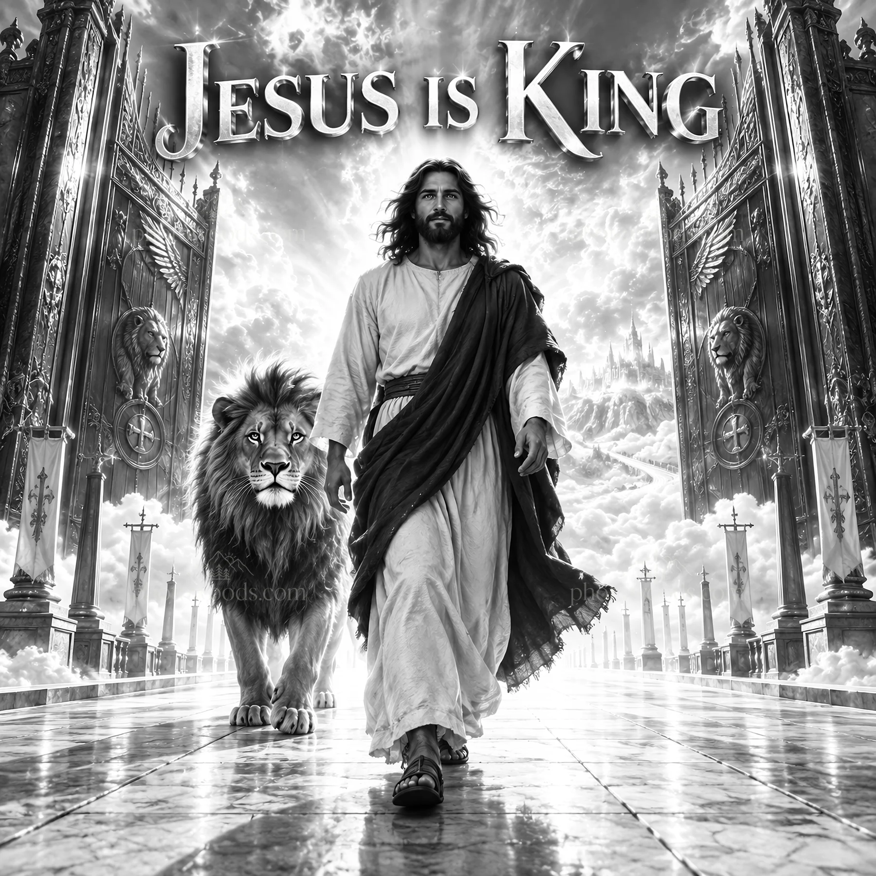 Jesus Christ walking with a lion in a grand setting - AI-generated stock image