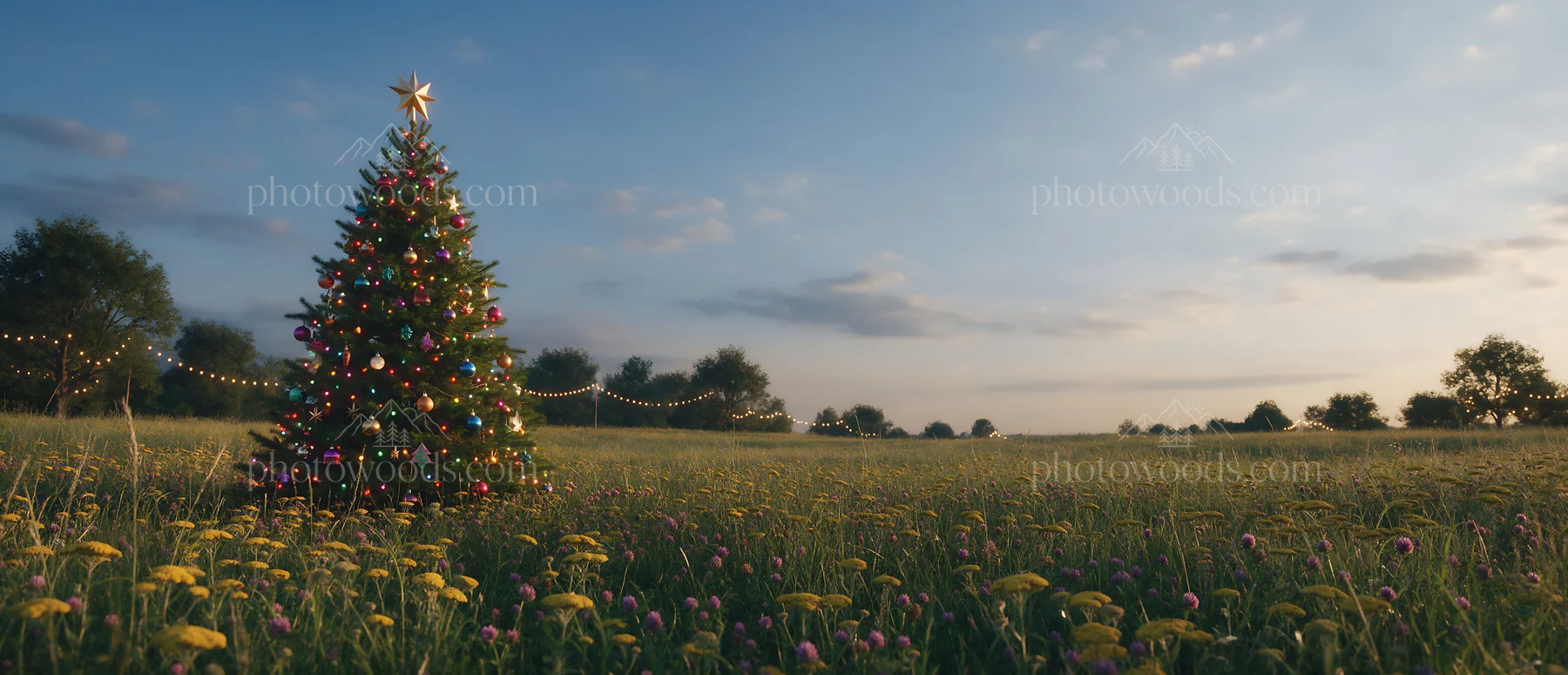 Vibrant Christmas tree in meadow at dusk with seasonal lights - AI-generated stock image
