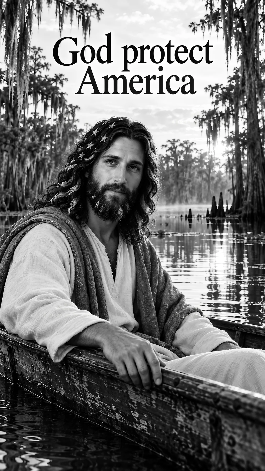 Jesus Christ in a boat by a river - AI-generated stock image